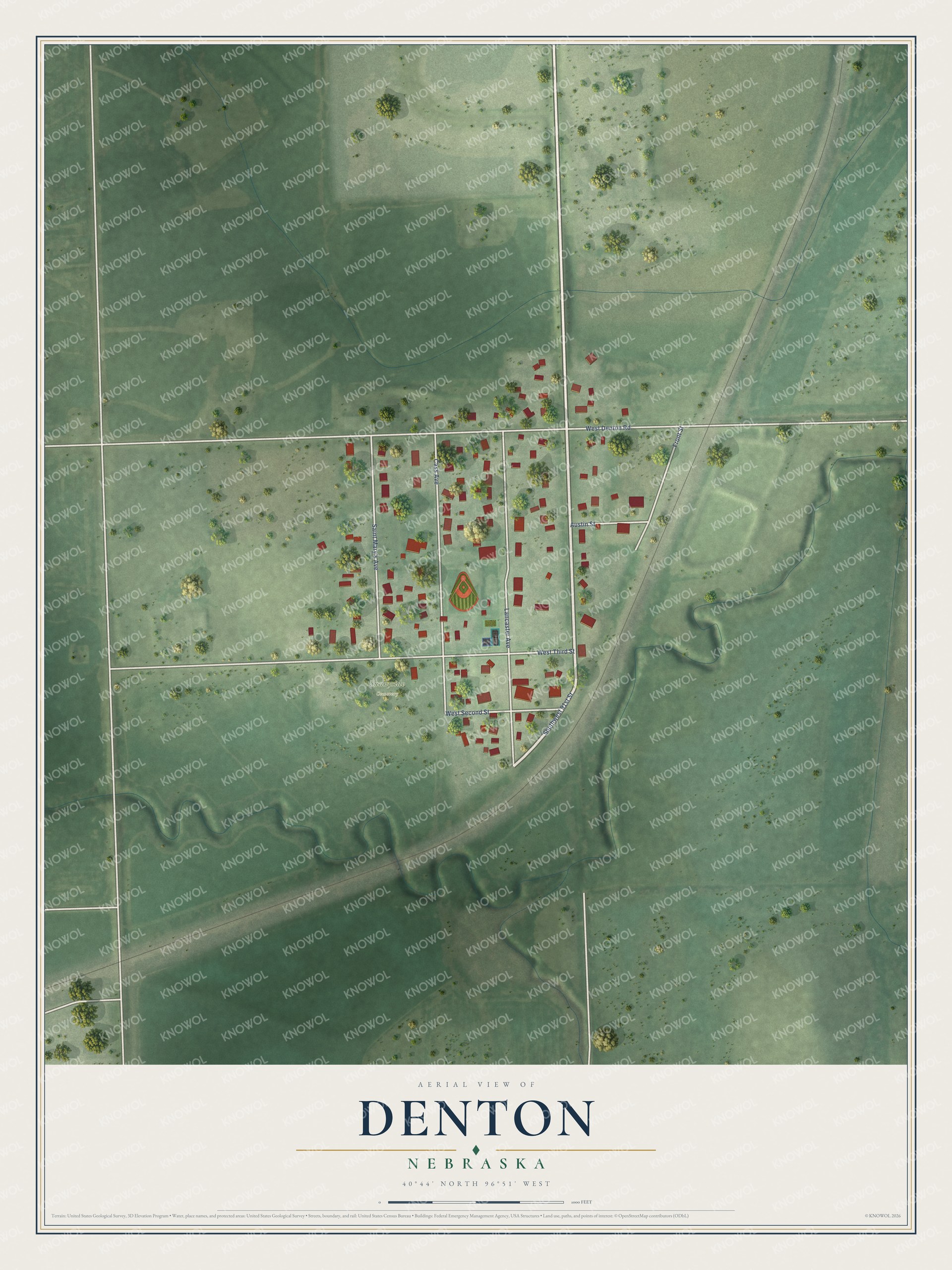 Full map of Denton, Nebraska, with red buildings, printed street names and the land around them