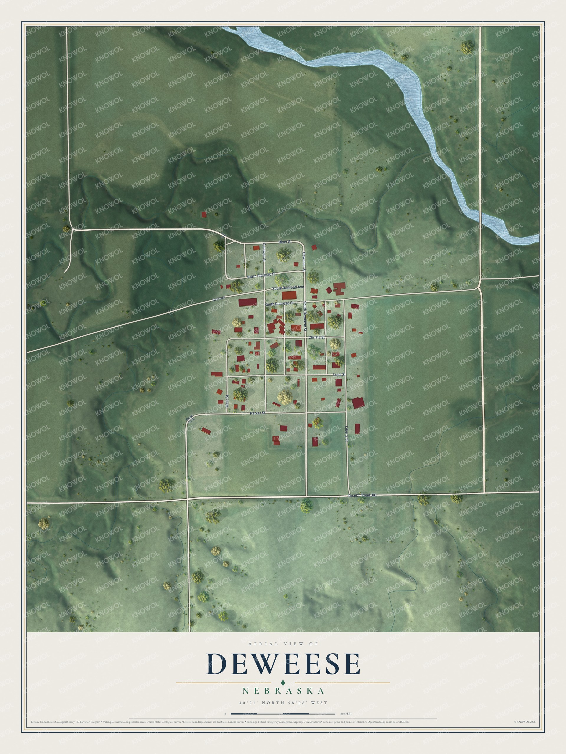 Full map of Deweese, Nebraska, with red buildings, printed street names and the land around them