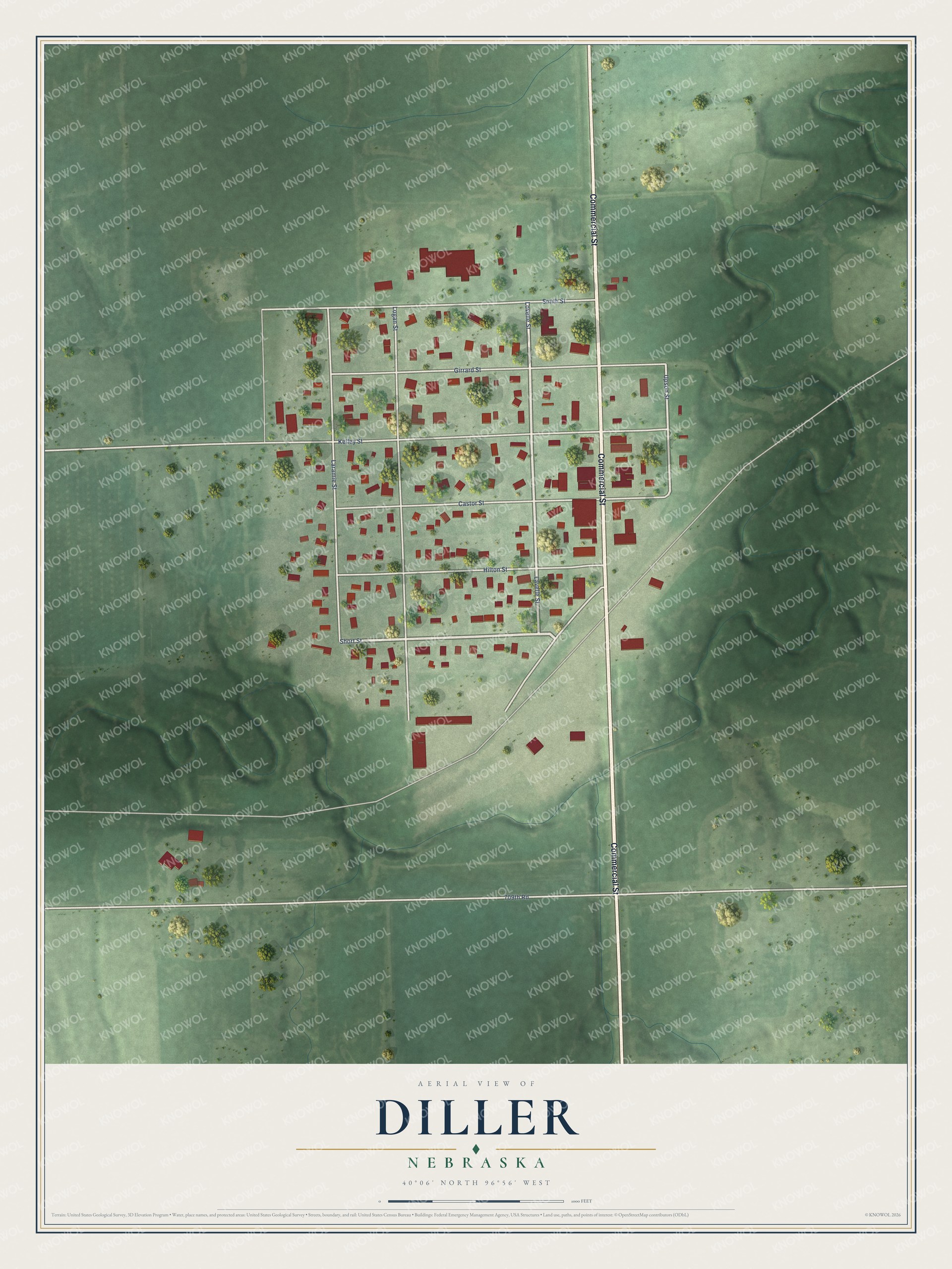Full map of Diller, Nebraska, with red buildings, printed street names and the land around them