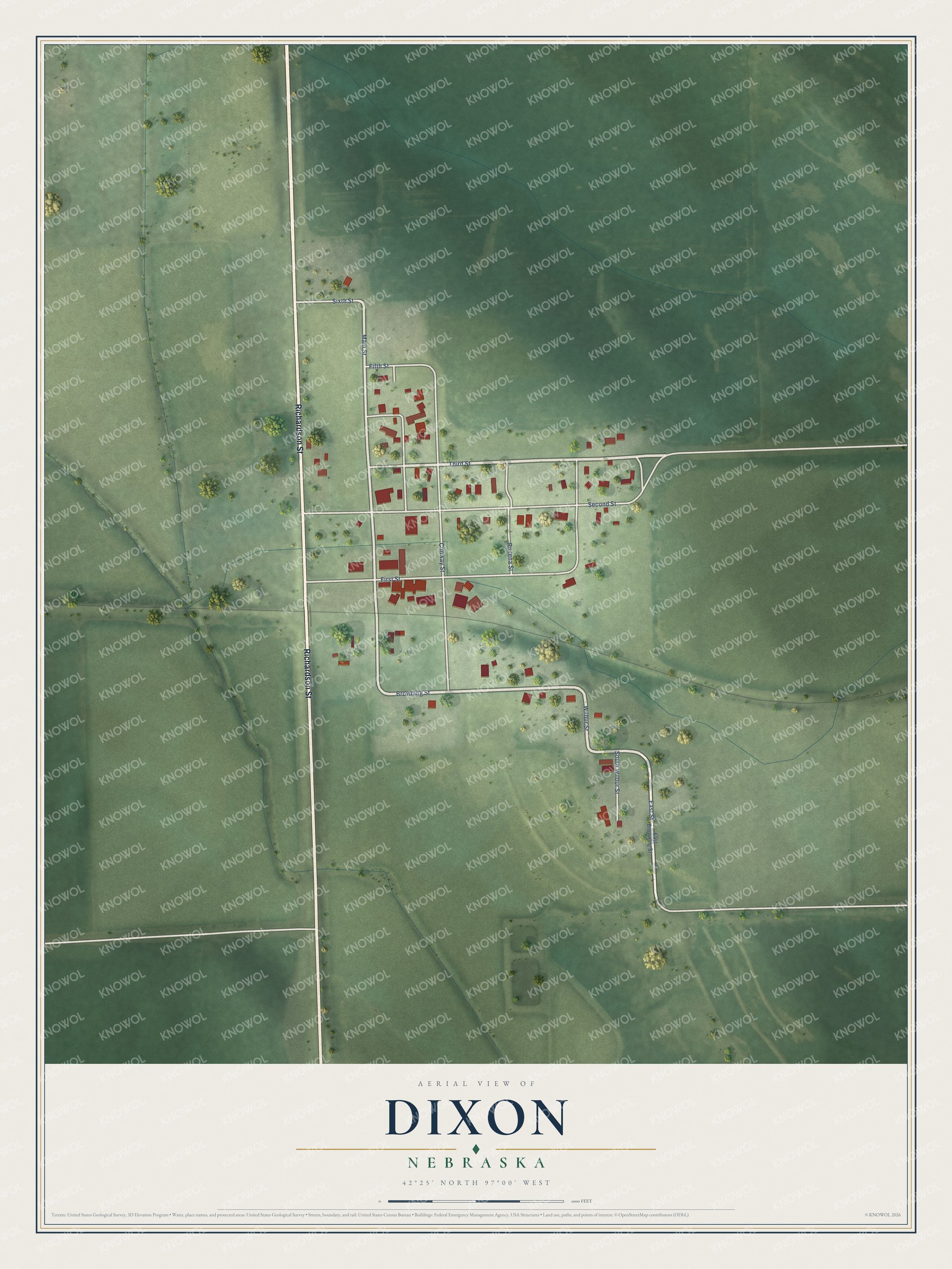Full map of Dixon, Nebraska, with red buildings, printed street names and the land around them