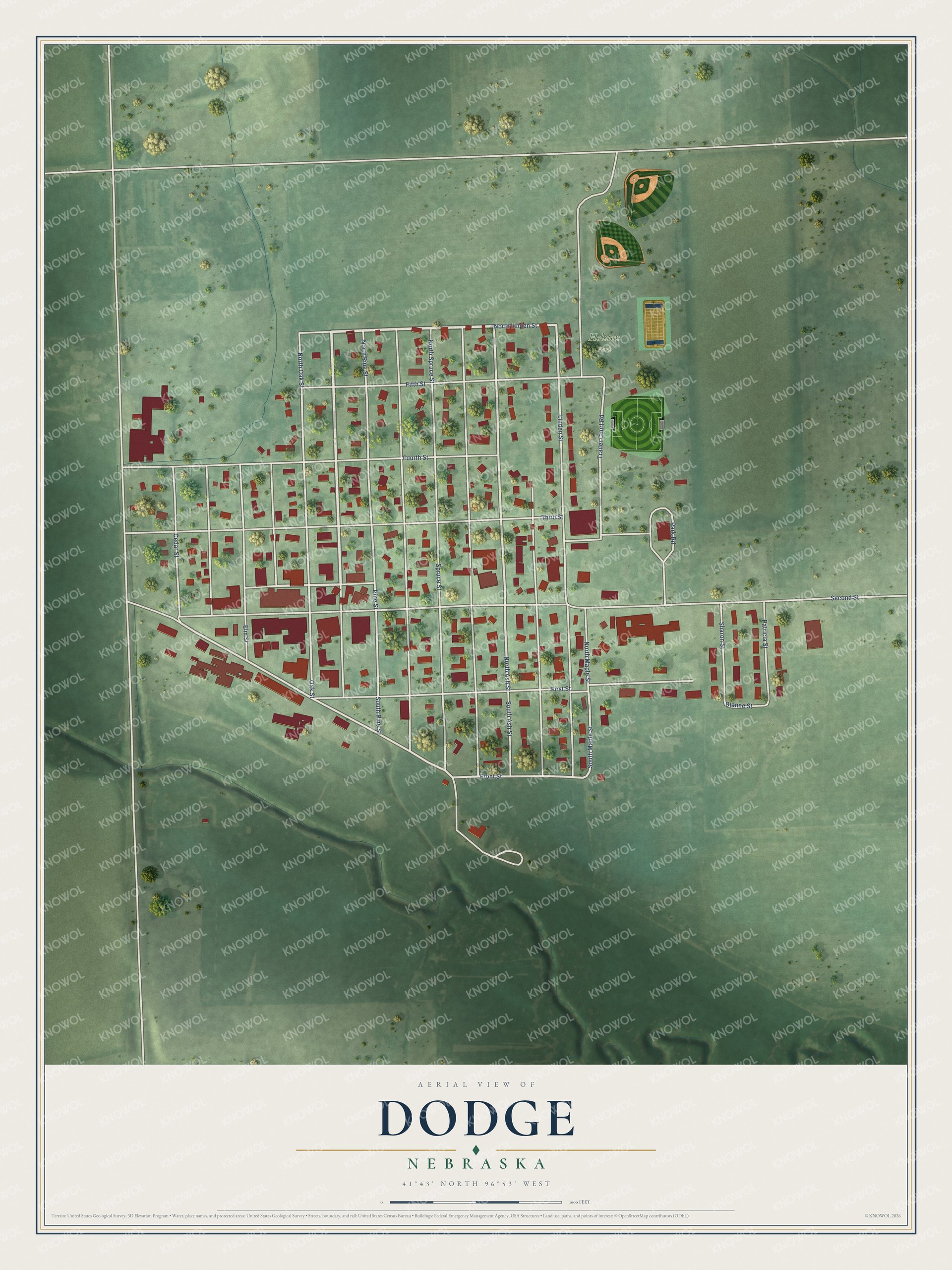 Full map of Dodge, Nebraska, with red buildings, printed street names and the land around them
