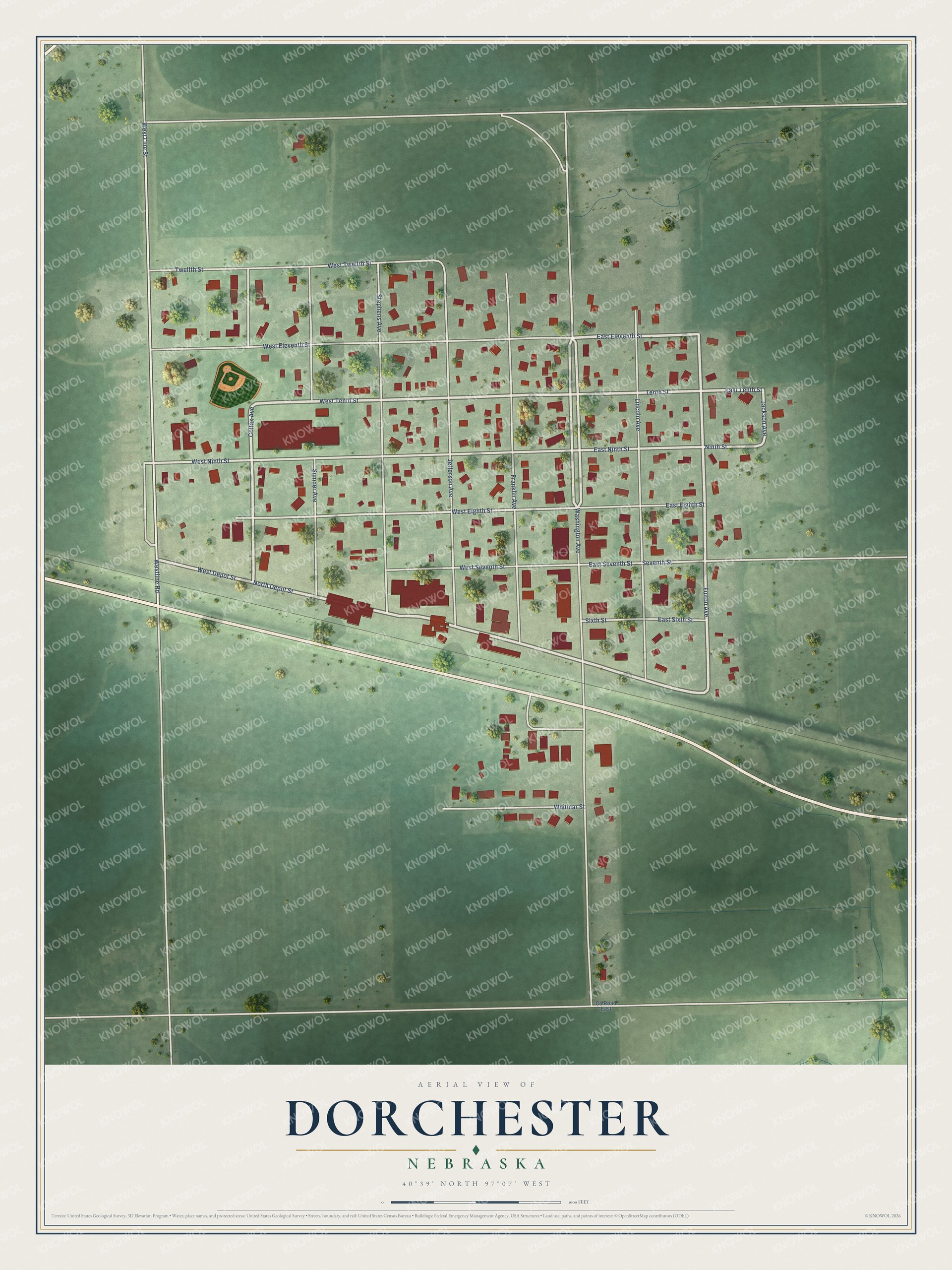 Full map of Dorchester, Nebraska, with red buildings, printed street names and the land around them