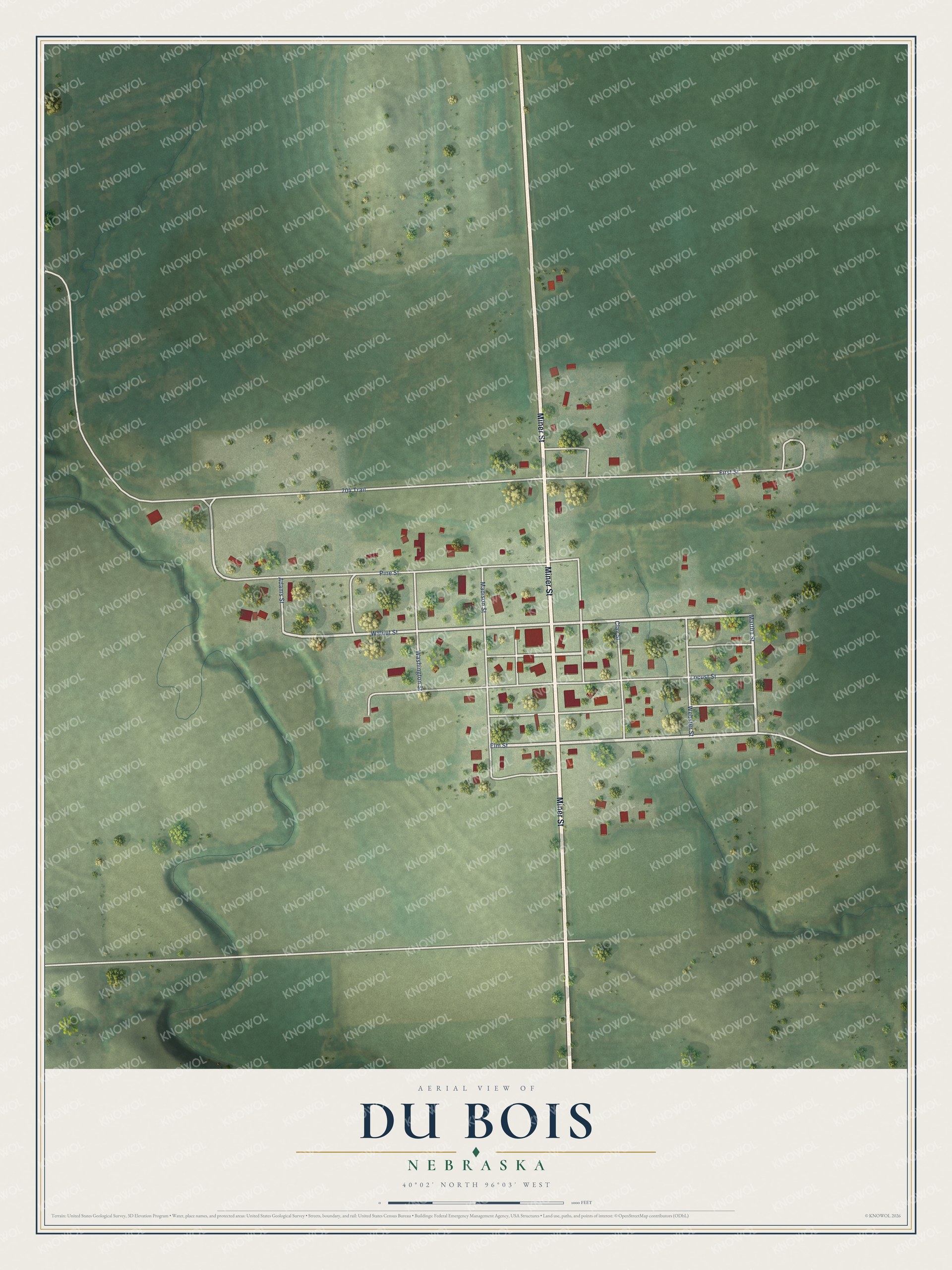 Full map of Du Bois, Nebraska, with red buildings, printed street names and the land around them