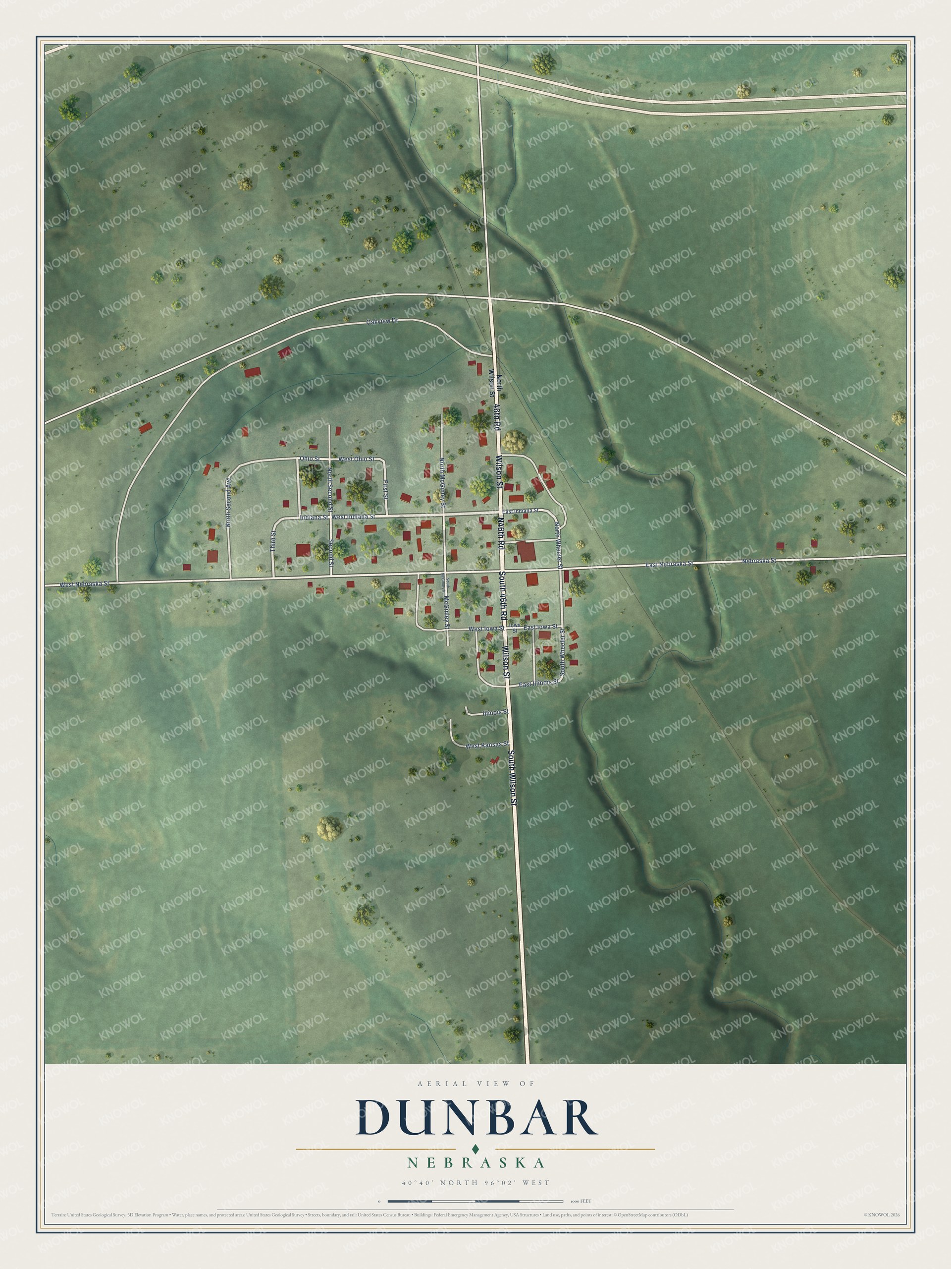 Full map of Dunbar, Nebraska, with red buildings, printed street names and the land around them