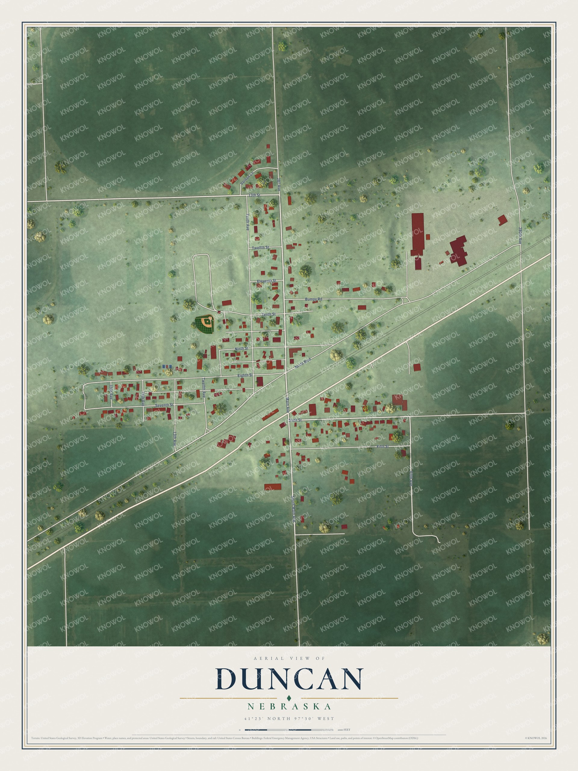 Full map of Duncan, Nebraska, with red buildings, printed street names and the land around them