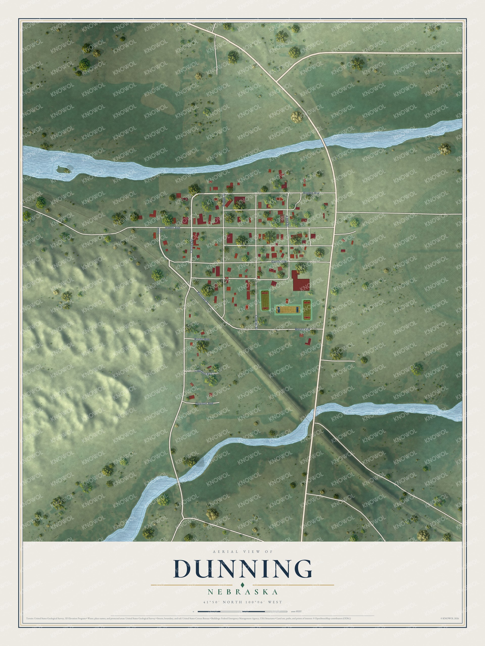 Full map of Dunning, Nebraska, with red buildings, printed street names and the land around them