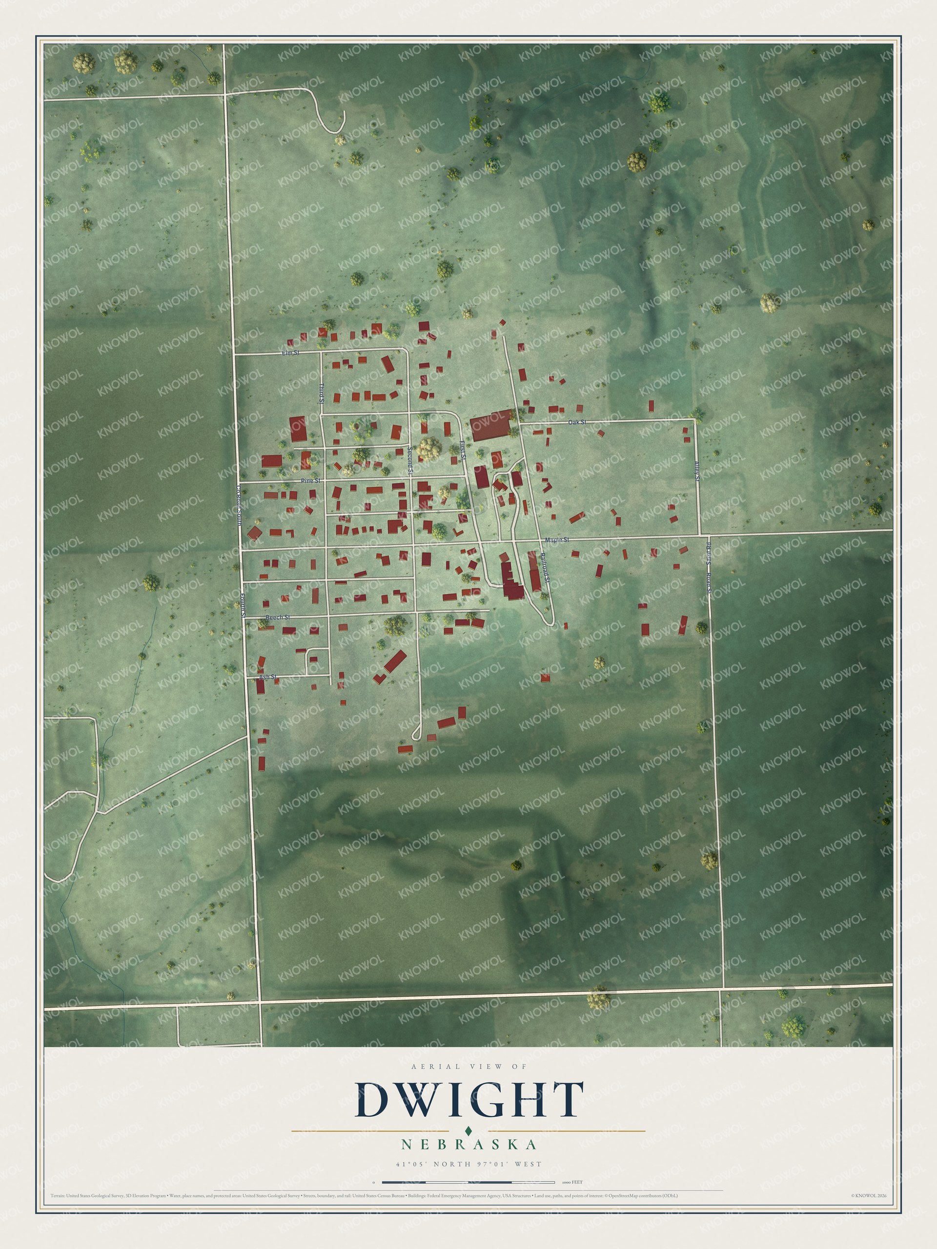 Full map of Dwight, Nebraska, with red buildings, printed street names and the land around them