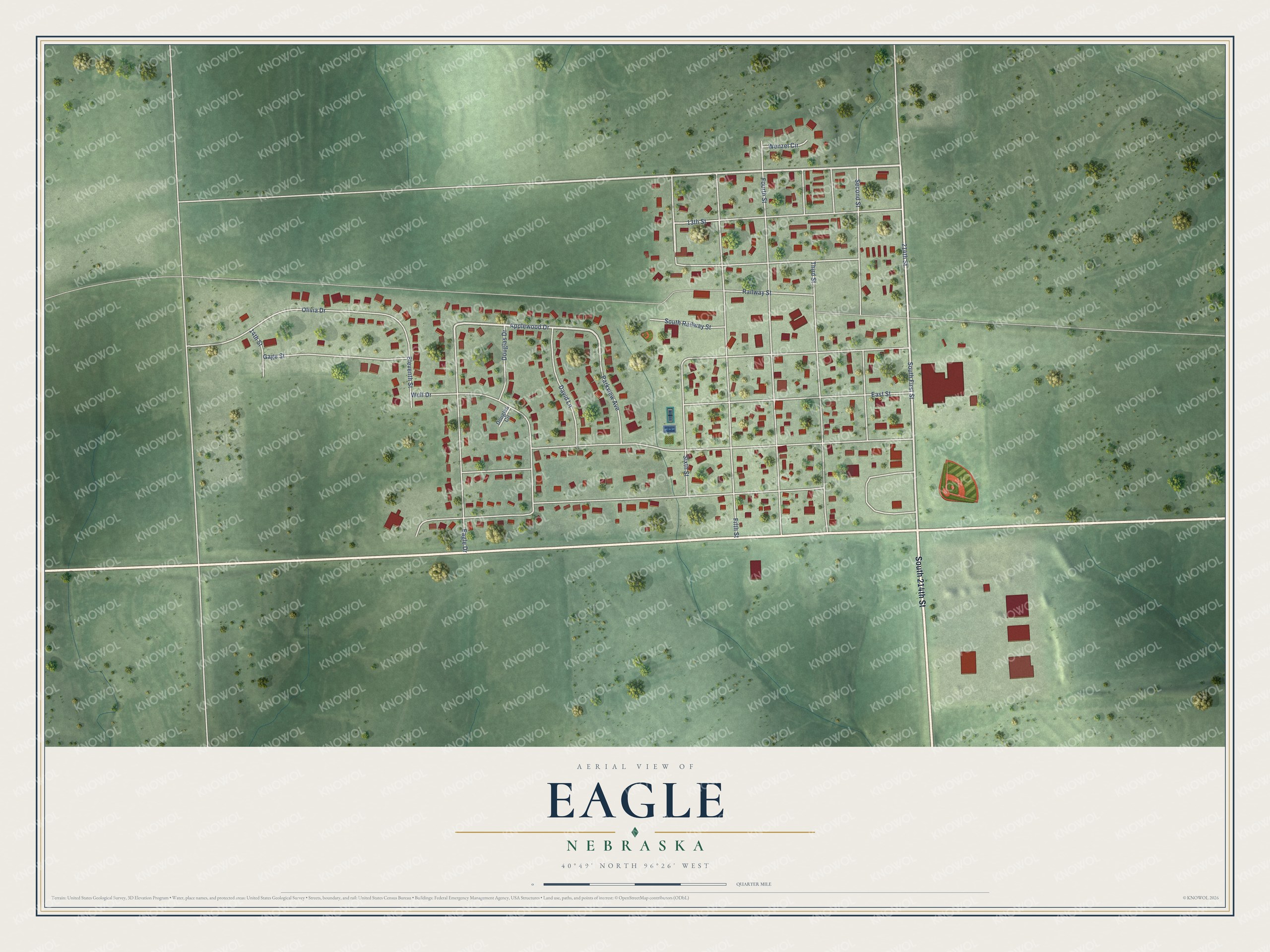 Full map of Eagle, Nebraska, with red buildings, printed street names and the land around them