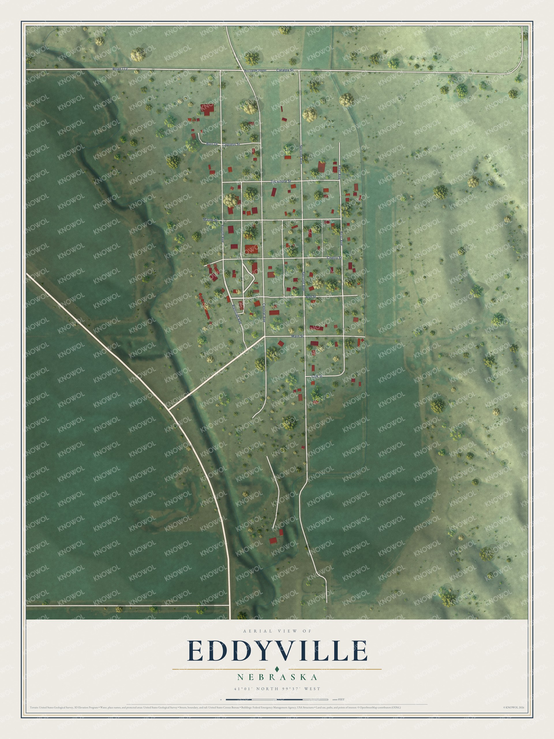 Full map of Eddyville, Nebraska, with red buildings, printed street names and the land around them