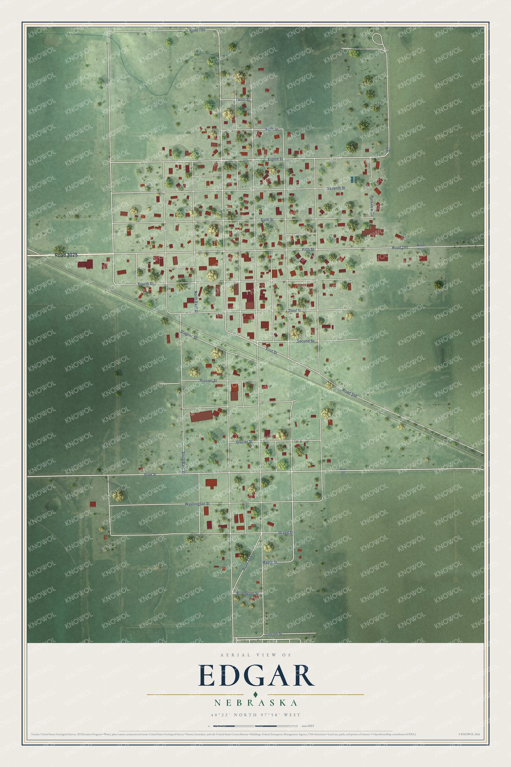 Full map of Edgar, Nebraska, with red buildings, printed street names and the land around them