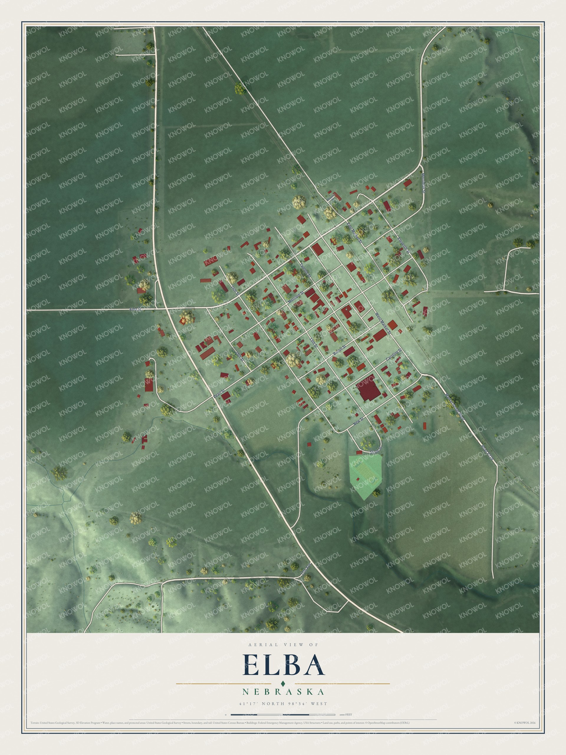 Full map of Elba, Nebraska, with red buildings, printed street names and the land around them