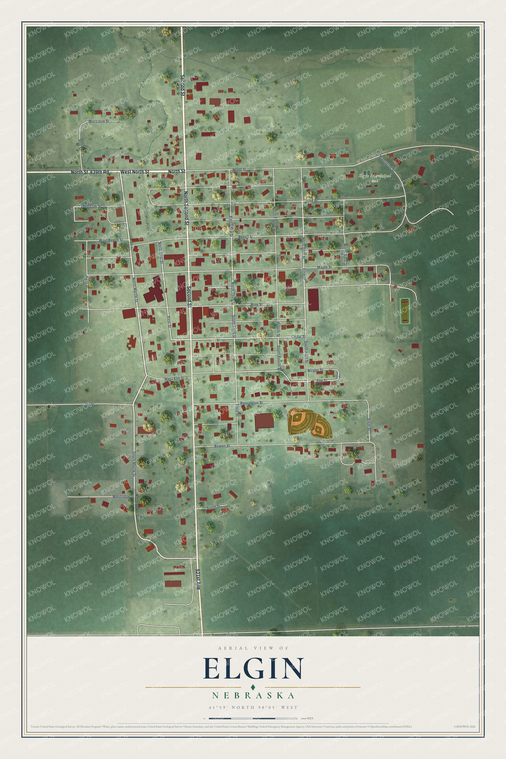 Full map of Elgin, Nebraska, with red buildings, printed street names and the land around them