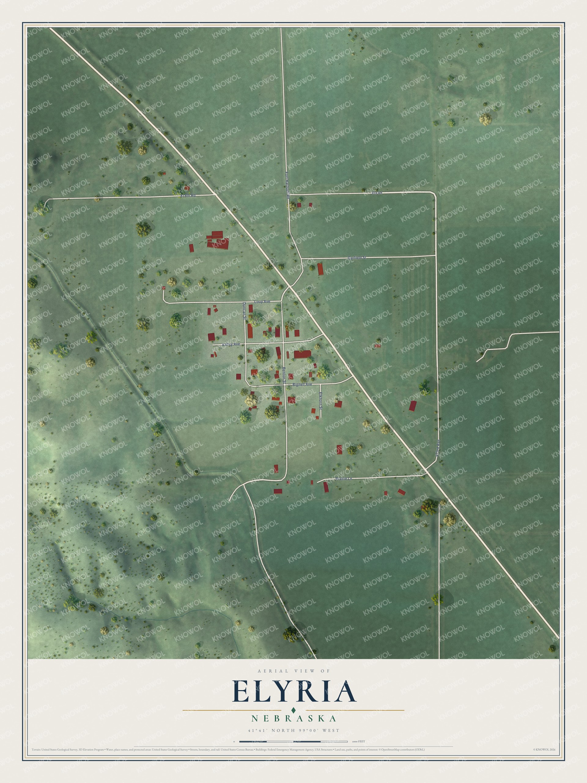 Full map of Elyria, Nebraska, with red buildings, printed street names and the land around them