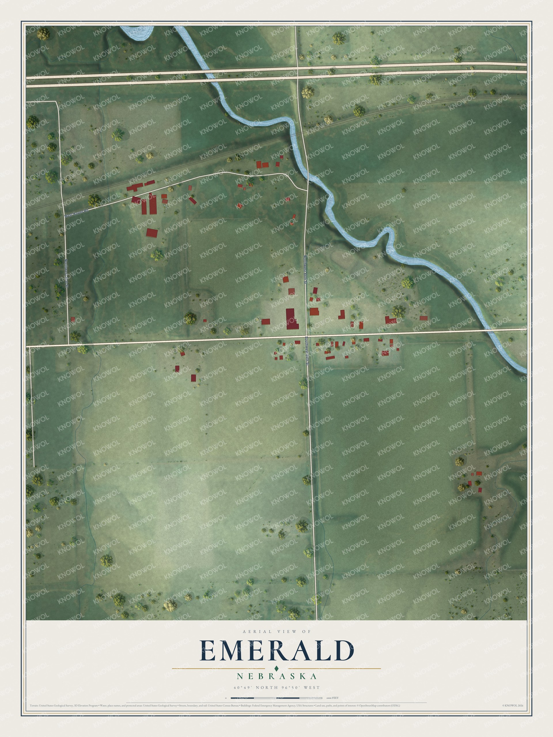 Full map of Emerald, Nebraska, with red buildings, printed street names and the land around them