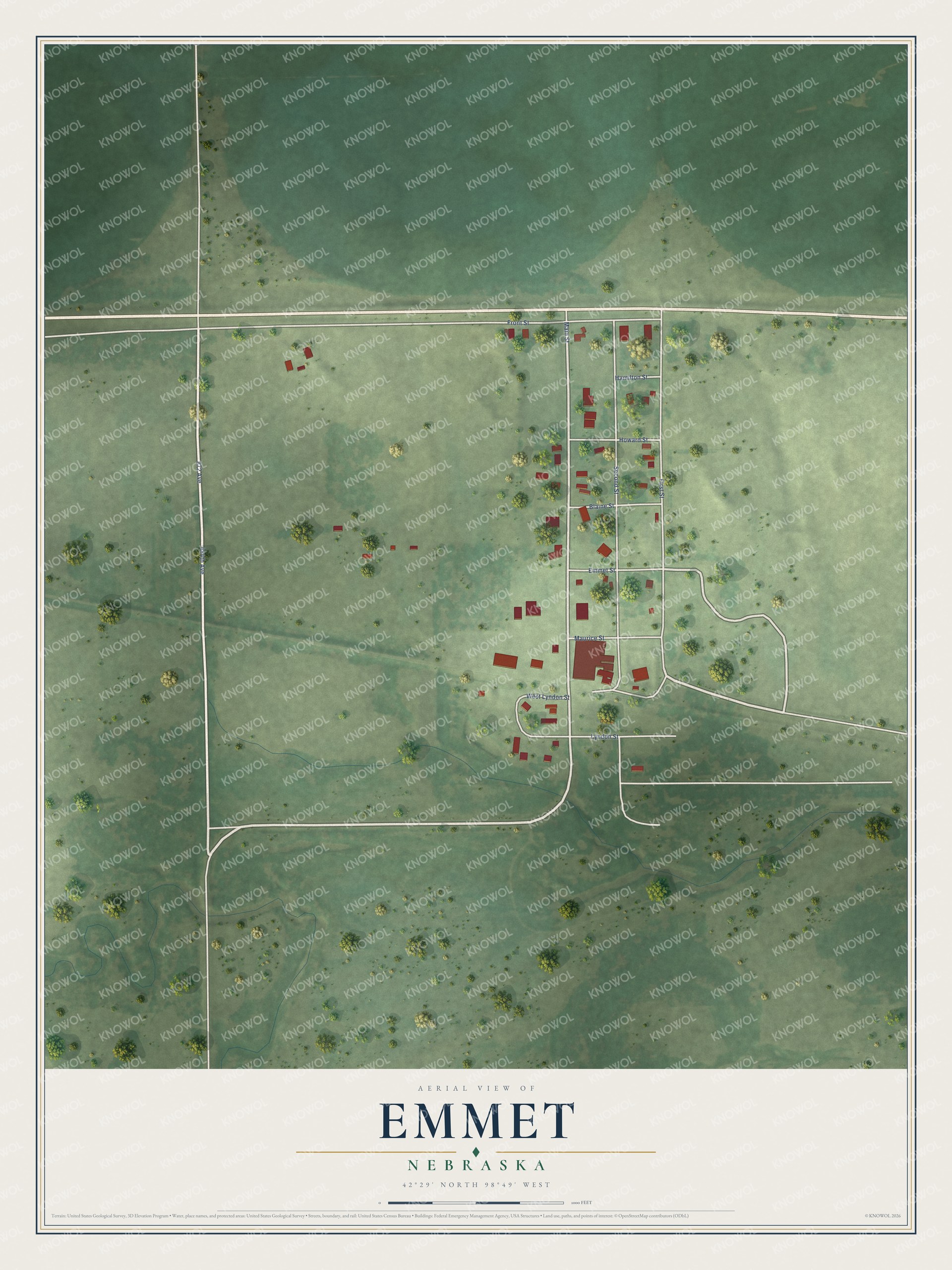 Full map of Emmet, Nebraska, with red buildings, printed street names and the land around them