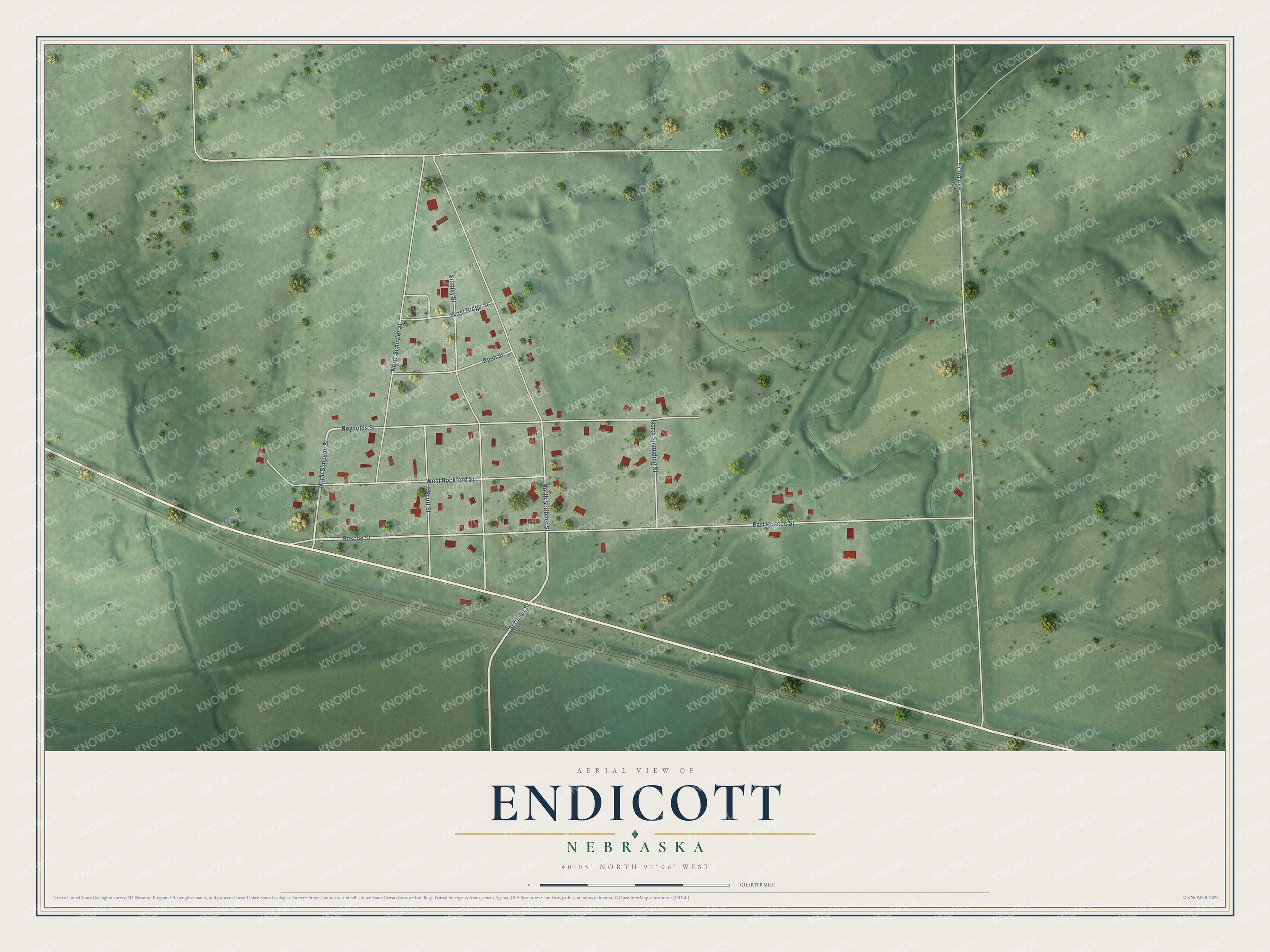 Full map of Endicott, Nebraska, with red buildings, printed street names and the land around them