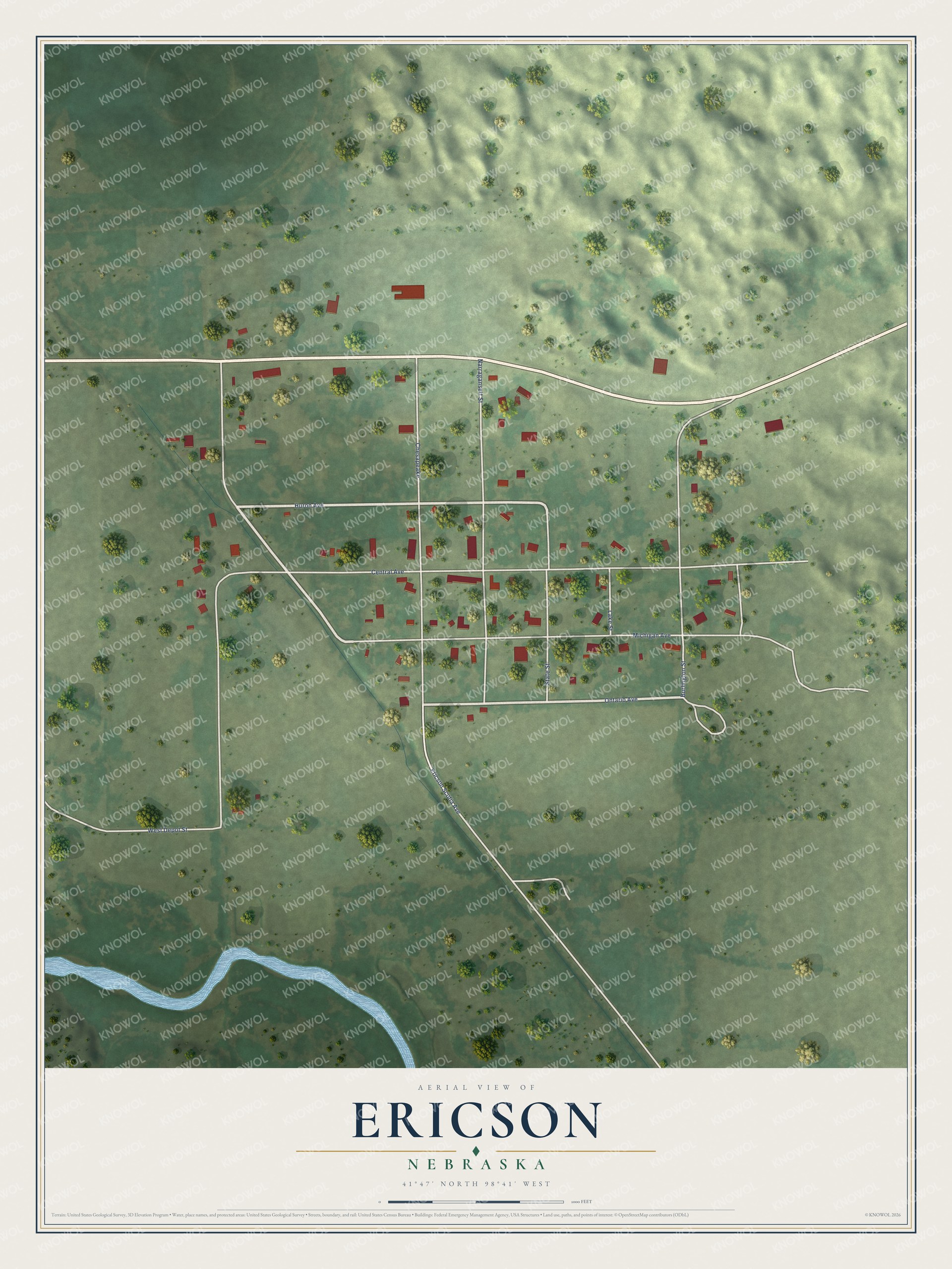 Full map of Ericson, Nebraska, with red buildings, printed street names and the land around them