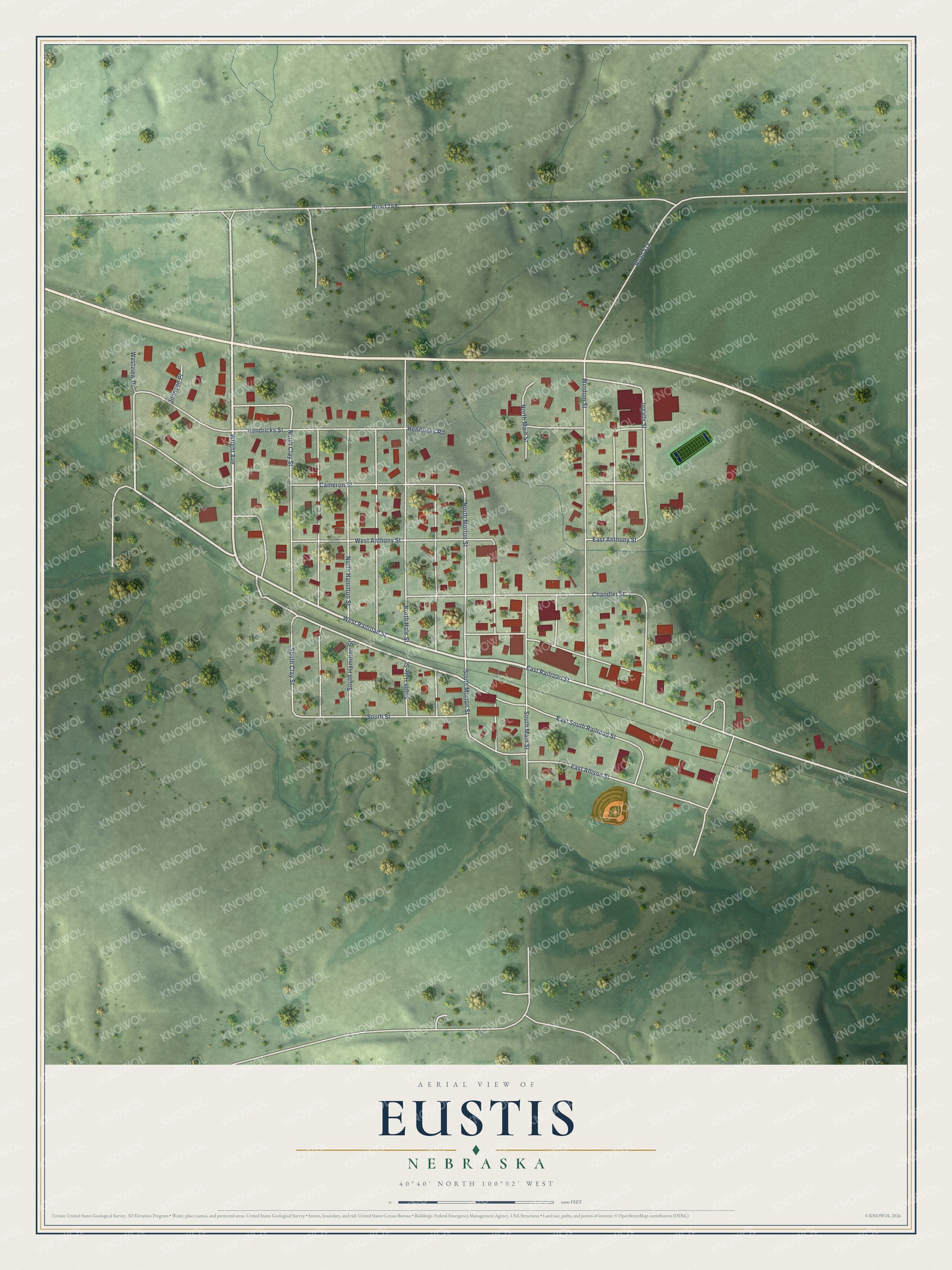 Full map of Eustis, Nebraska, with red buildings, printed street names and the land around them