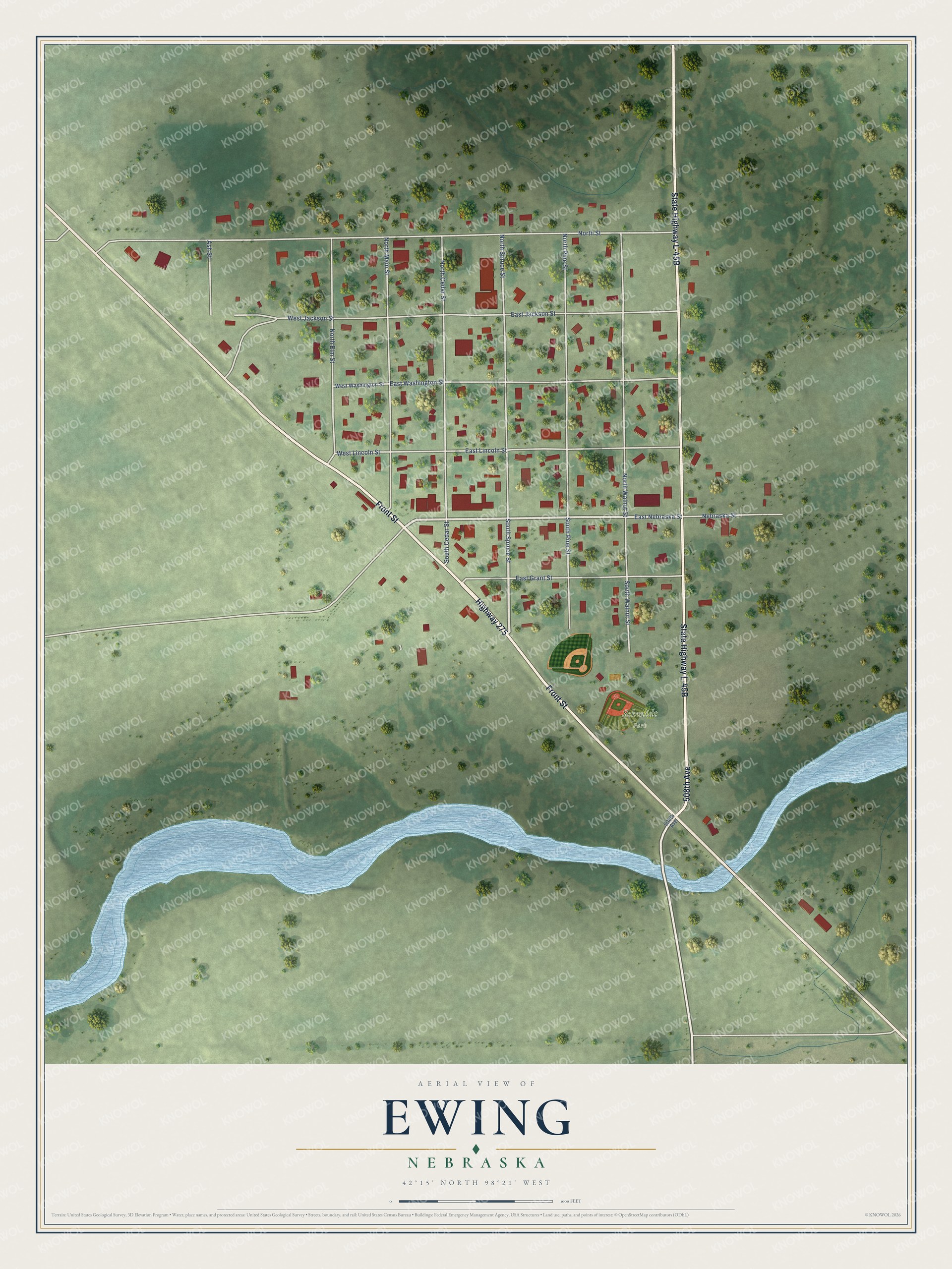 Full map of Ewing, Nebraska, with red buildings, printed street names and the land around them