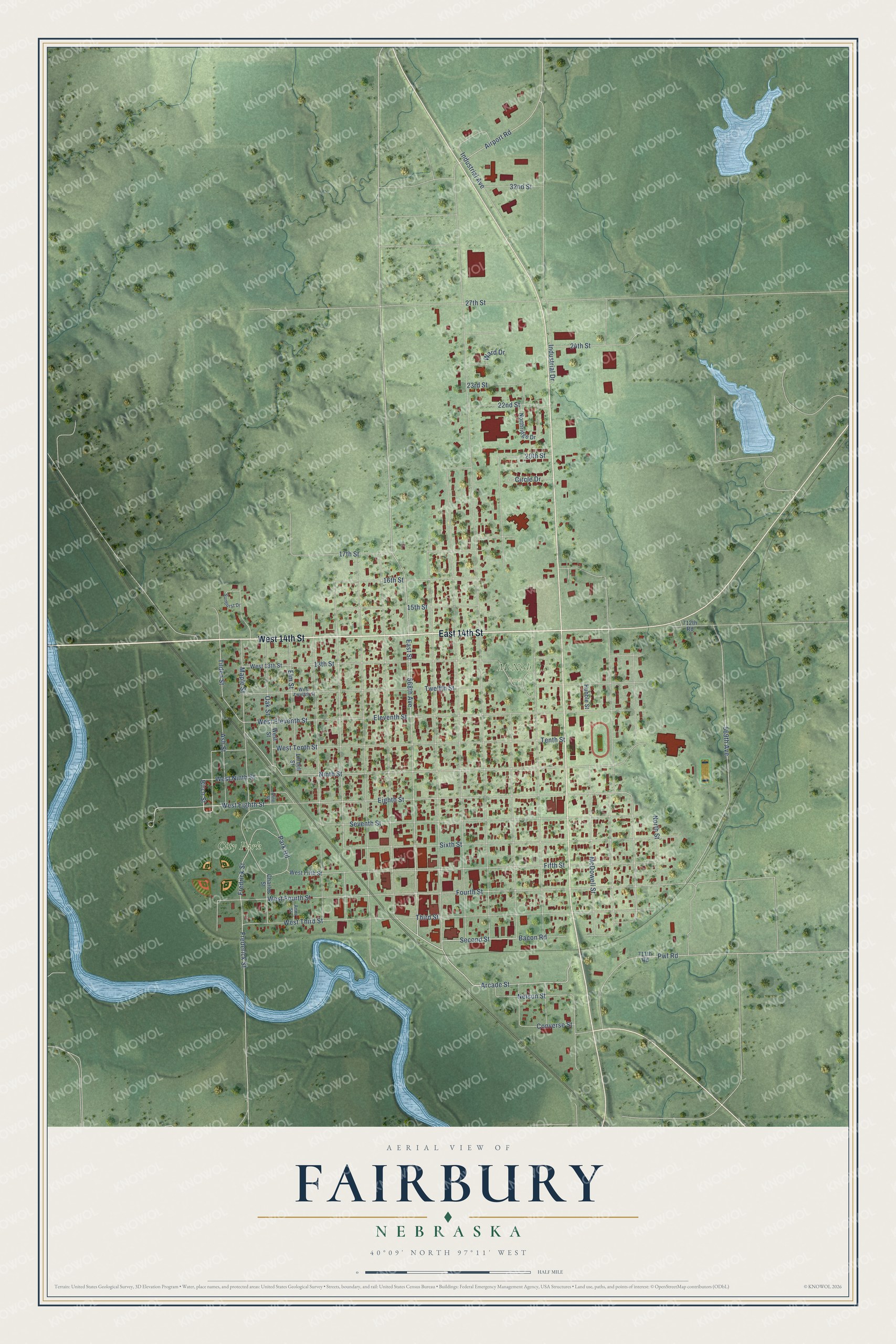 Full map of Fairbury, Nebraska, with red buildings, printed street names and the land around them