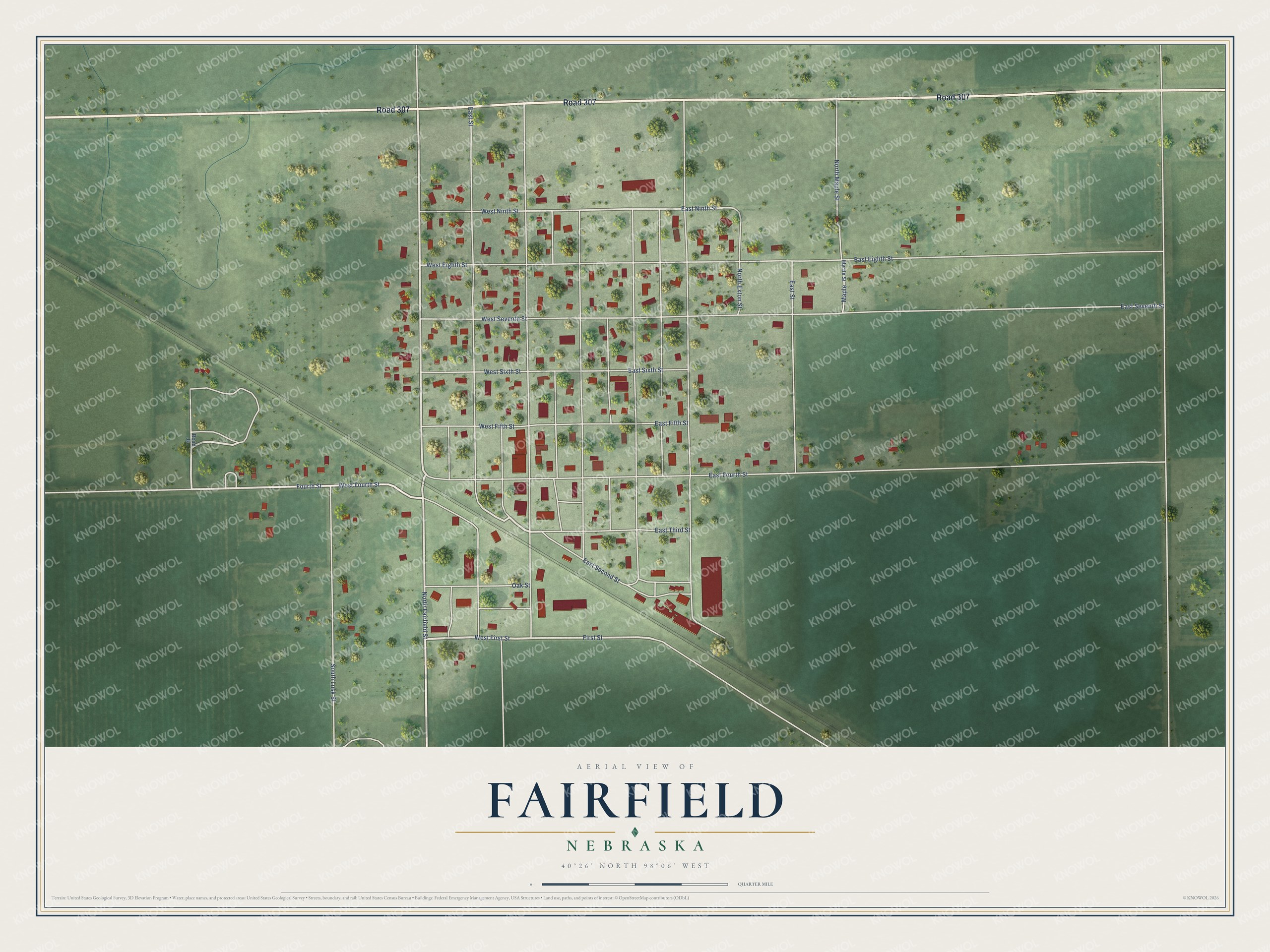 Full map of Fairfield, Nebraska, with red buildings, printed street names and the land around them