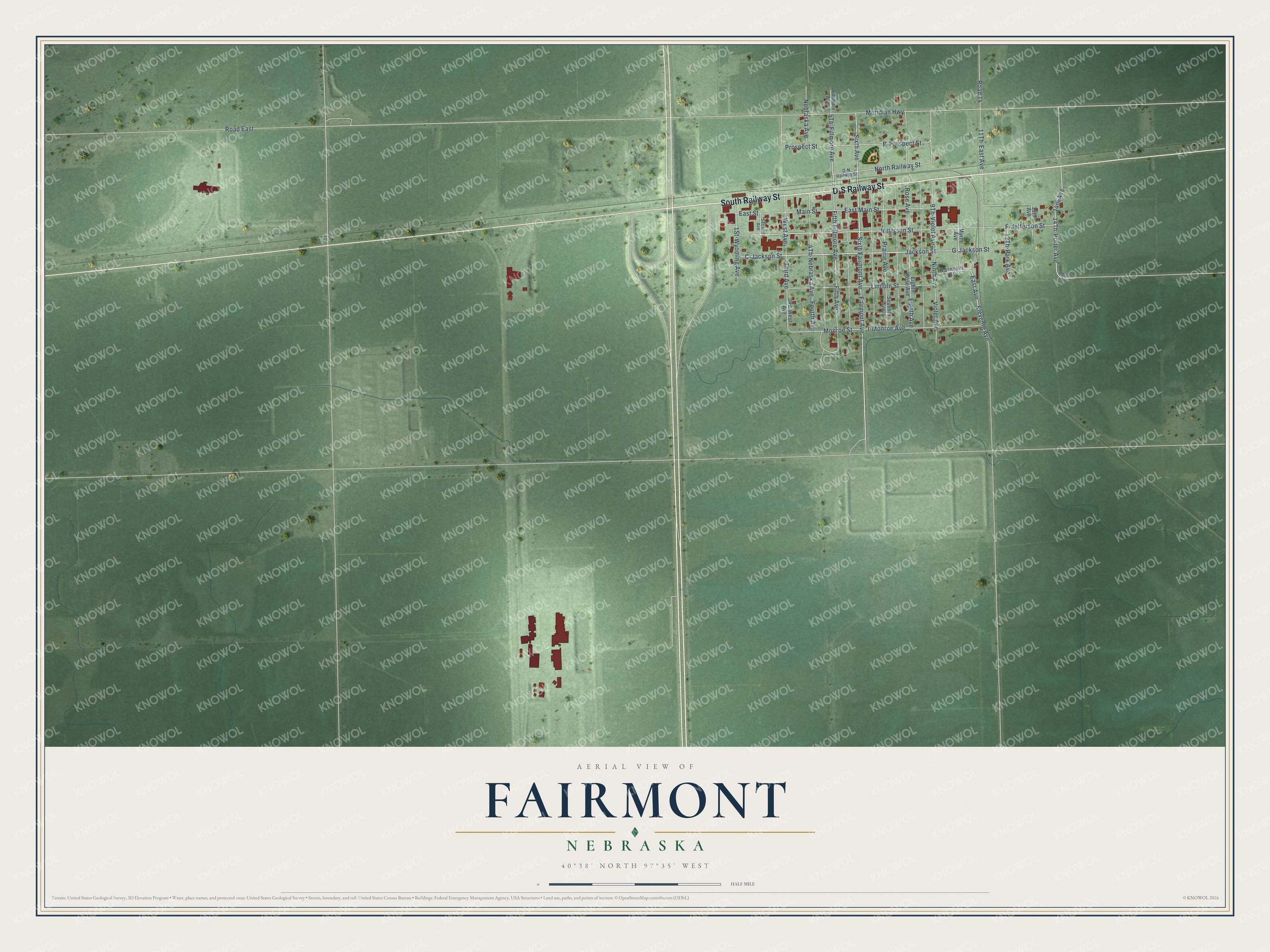 Full map of Fairmont, Nebraska, with red buildings, printed street names and the land around them