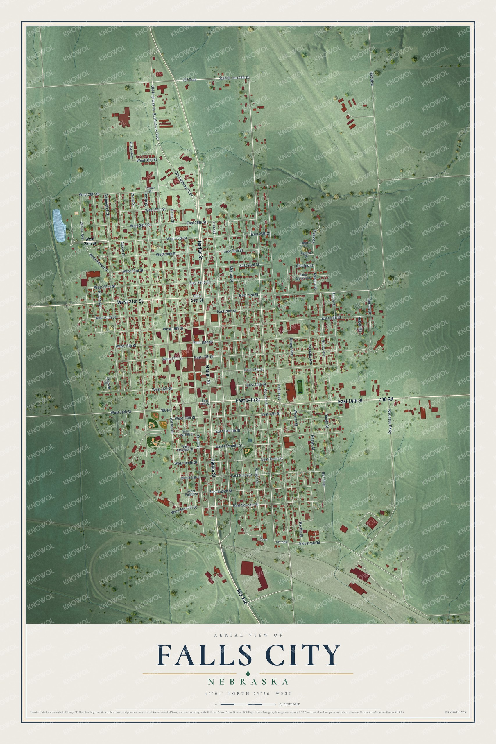 Full map of Falls City, Nebraska, with red buildings, printed street names and the land around them