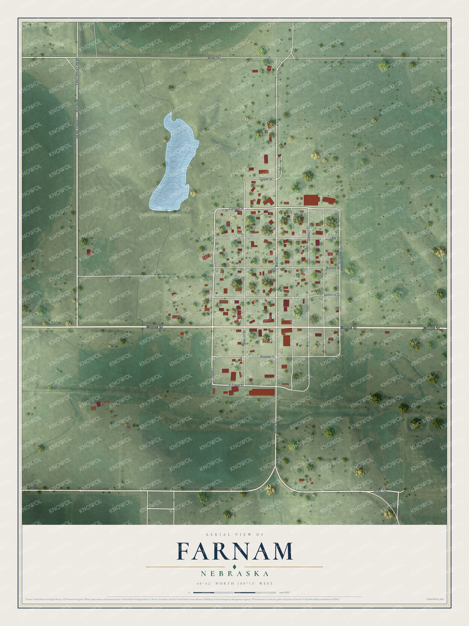 Full map of Farnam, Nebraska, with red buildings, printed street names and the land around them