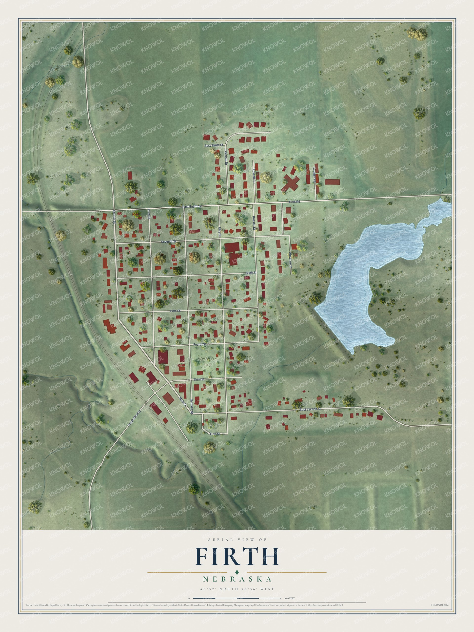 Full map of Firth, Nebraska, with red buildings, printed street names and the land around them
