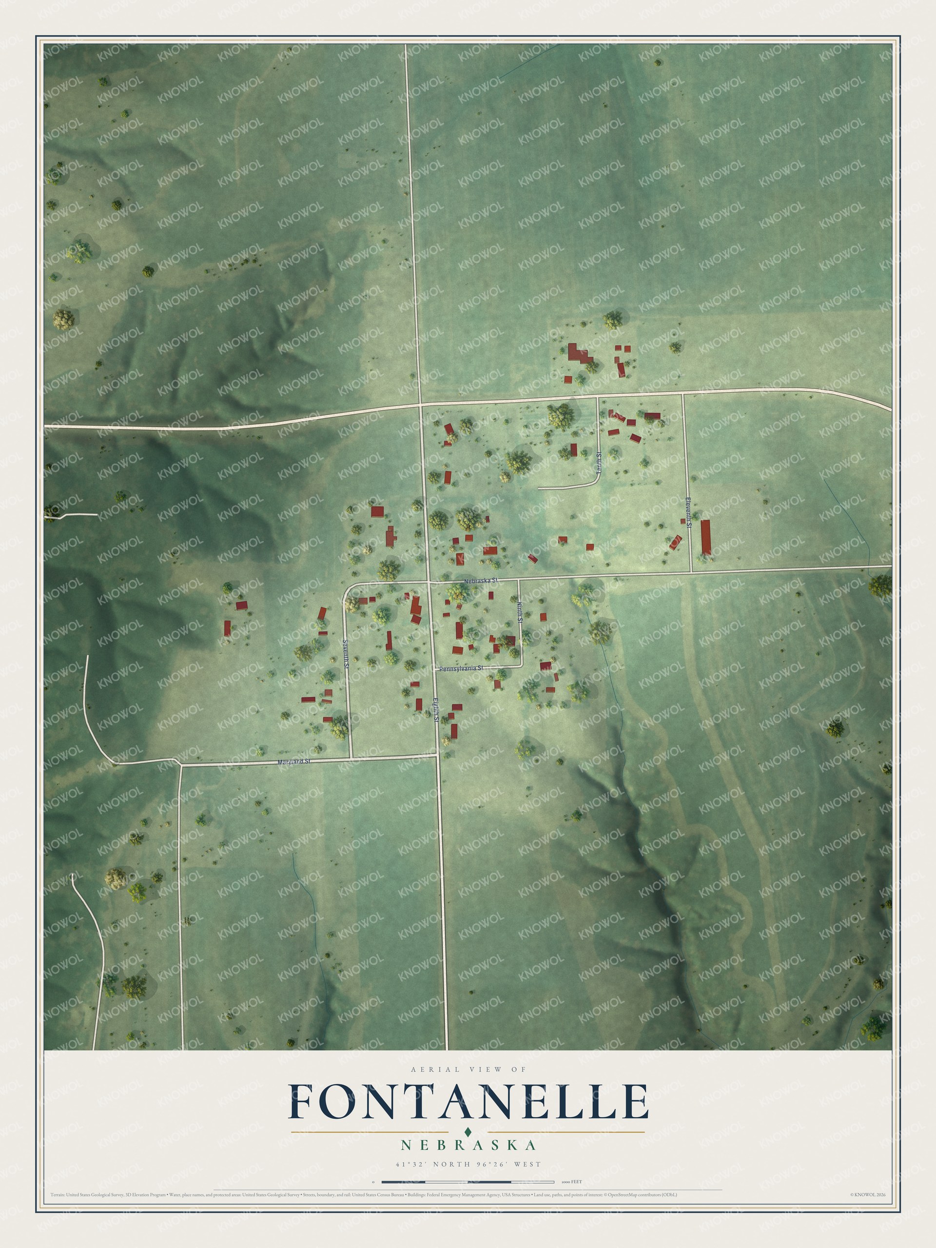 Full map of Fontanelle, Nebraska, with red buildings, printed street names and the land around them