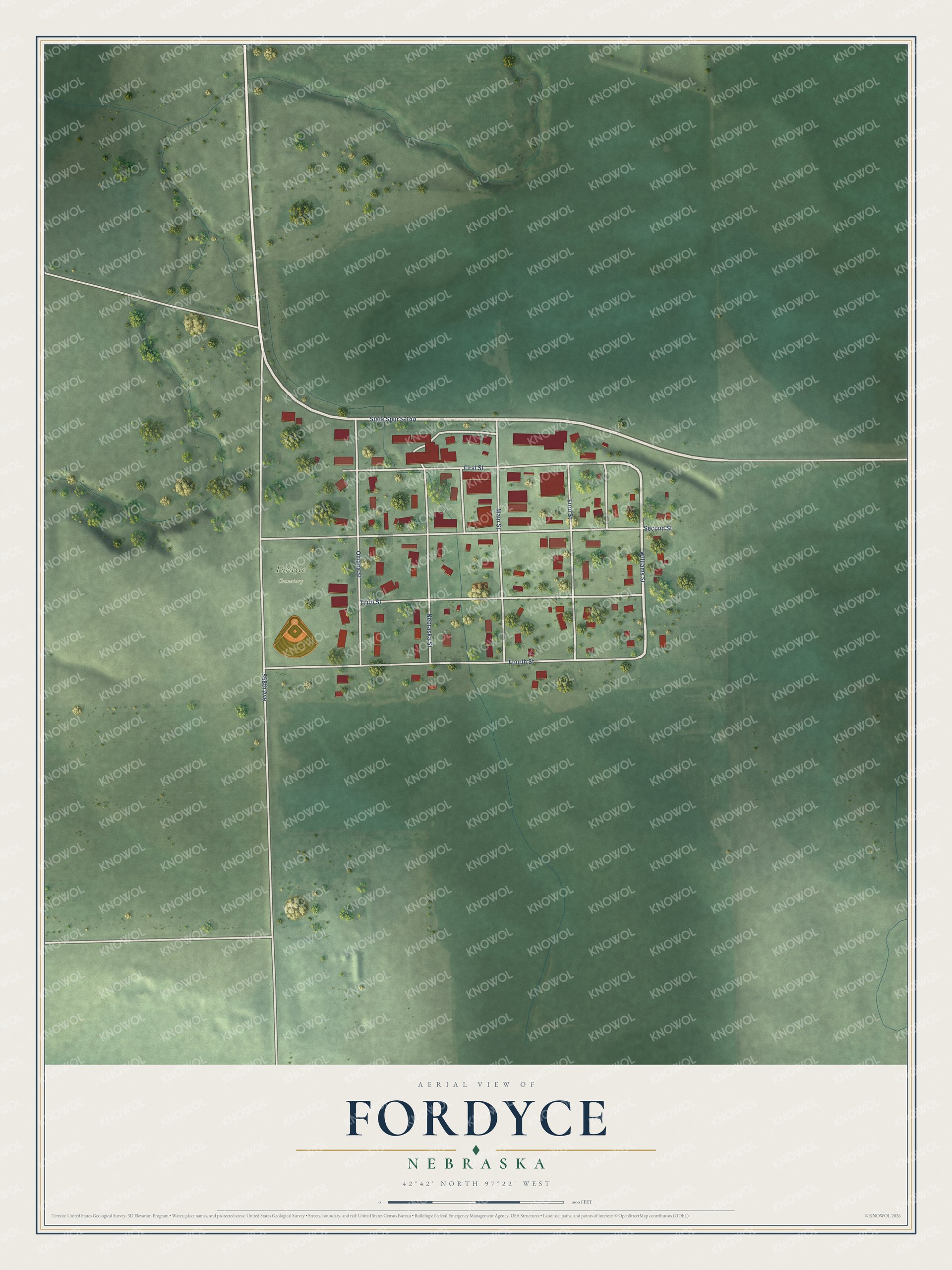 Full map of Fordyce, Nebraska, with red buildings, printed street names and the land around them