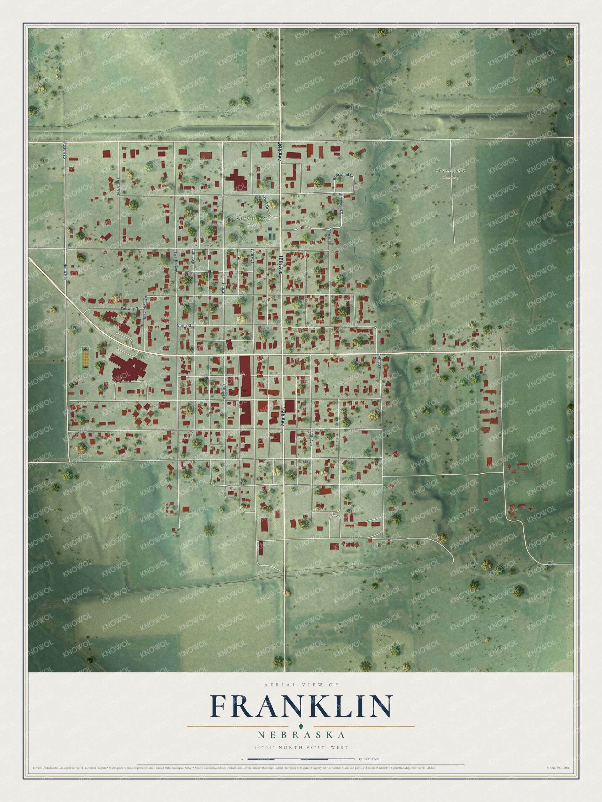 Full map of Franklin, Nebraska, with red buildings, printed street names and the land around them