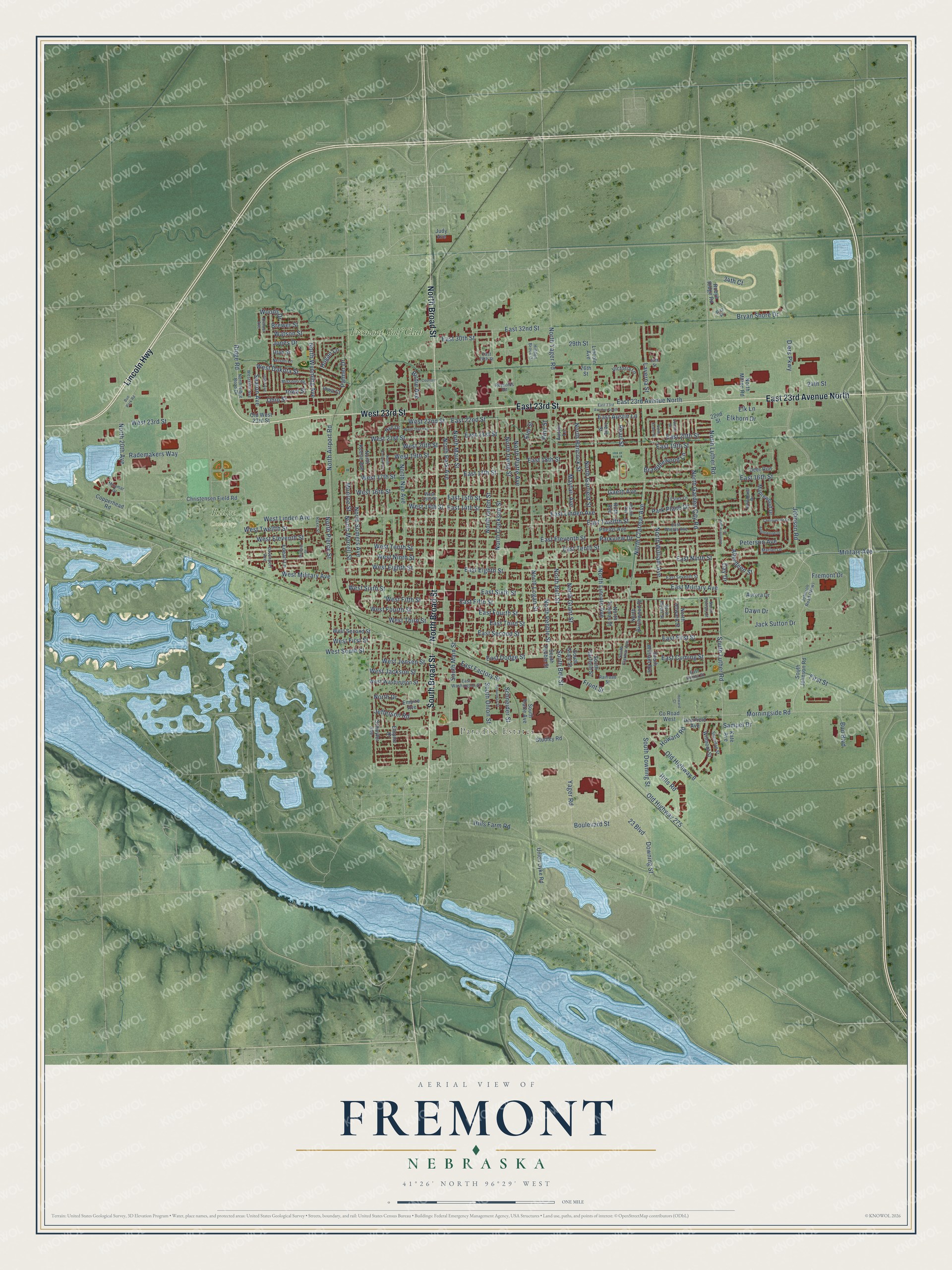 Full map of Fremont, Nebraska, with red buildings, printed street names and the land around them