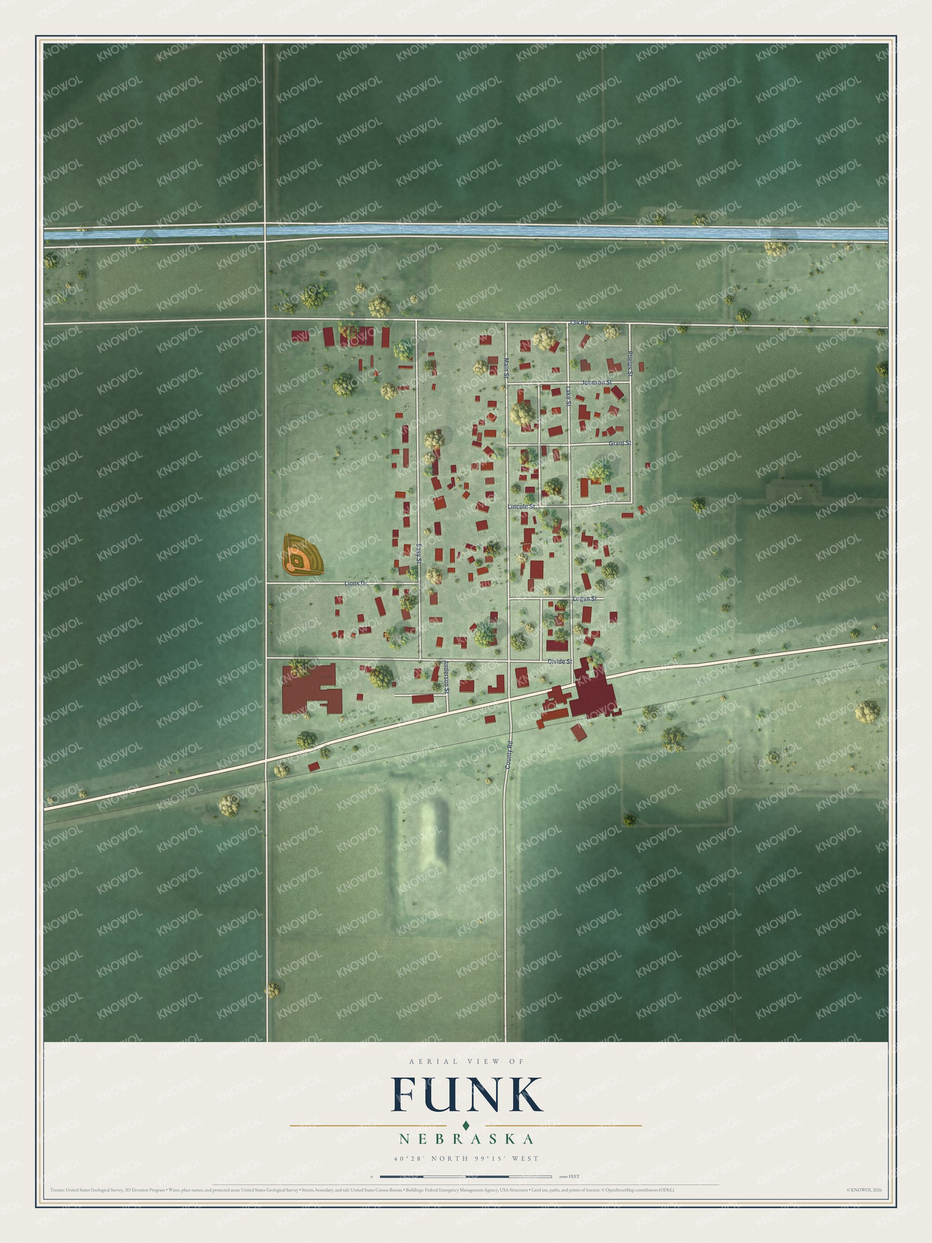 Full map of Funk, Nebraska, with red buildings, printed street names and the land around them