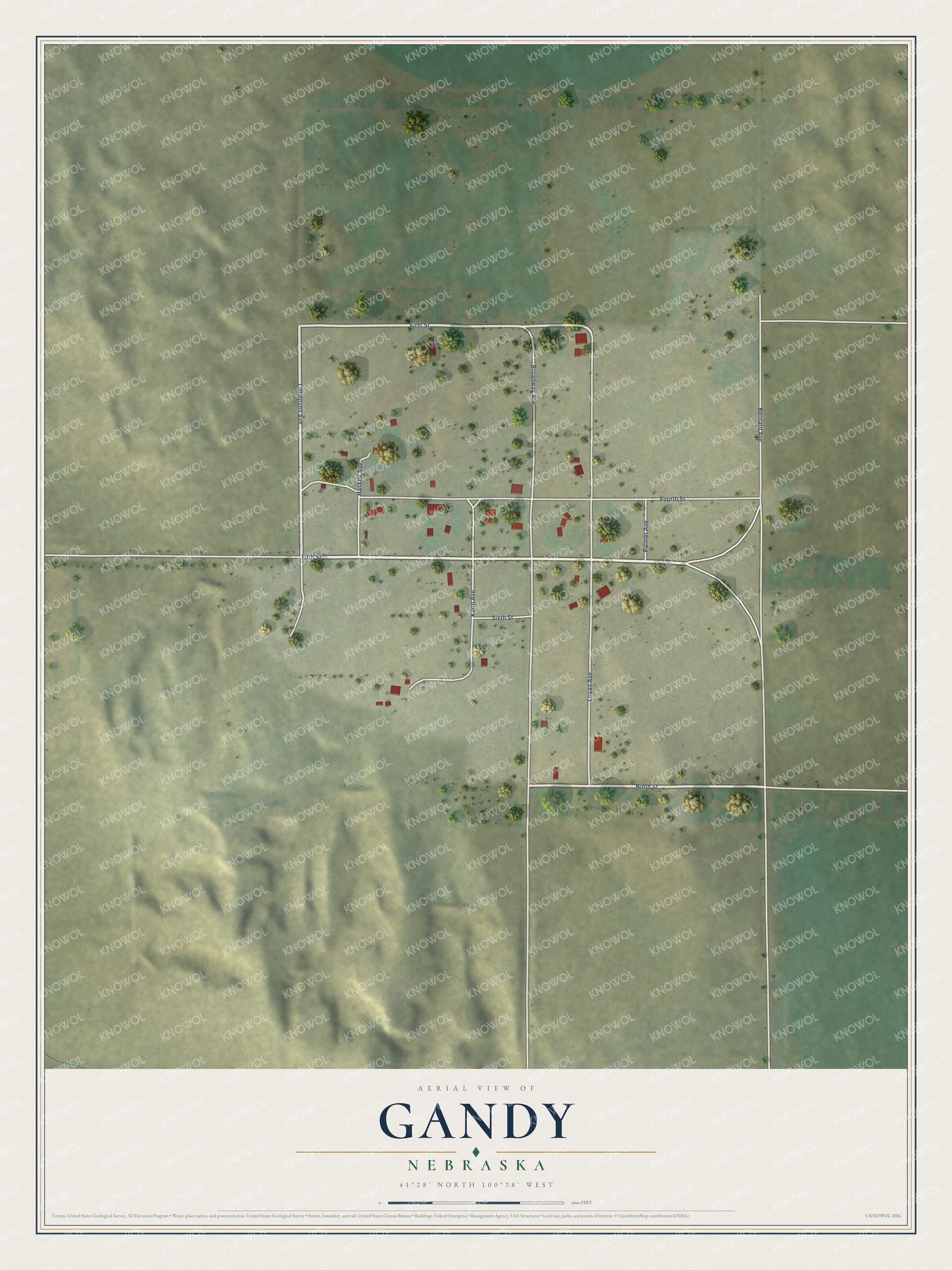 Full map of Gandy, Nebraska, with red buildings, printed street names and the land around them