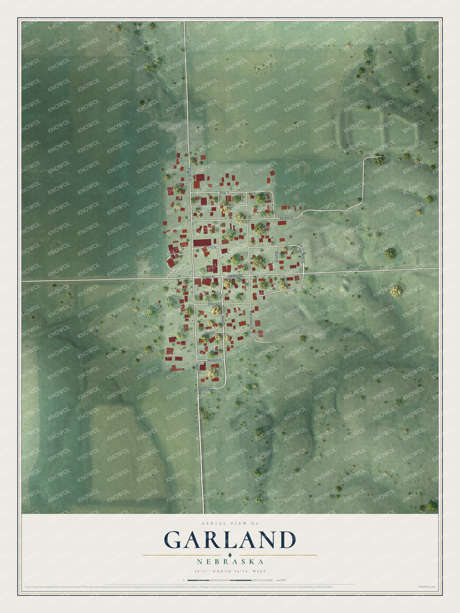 Full map of Garland, Nebraska, with red buildings, printed street names and the land around them