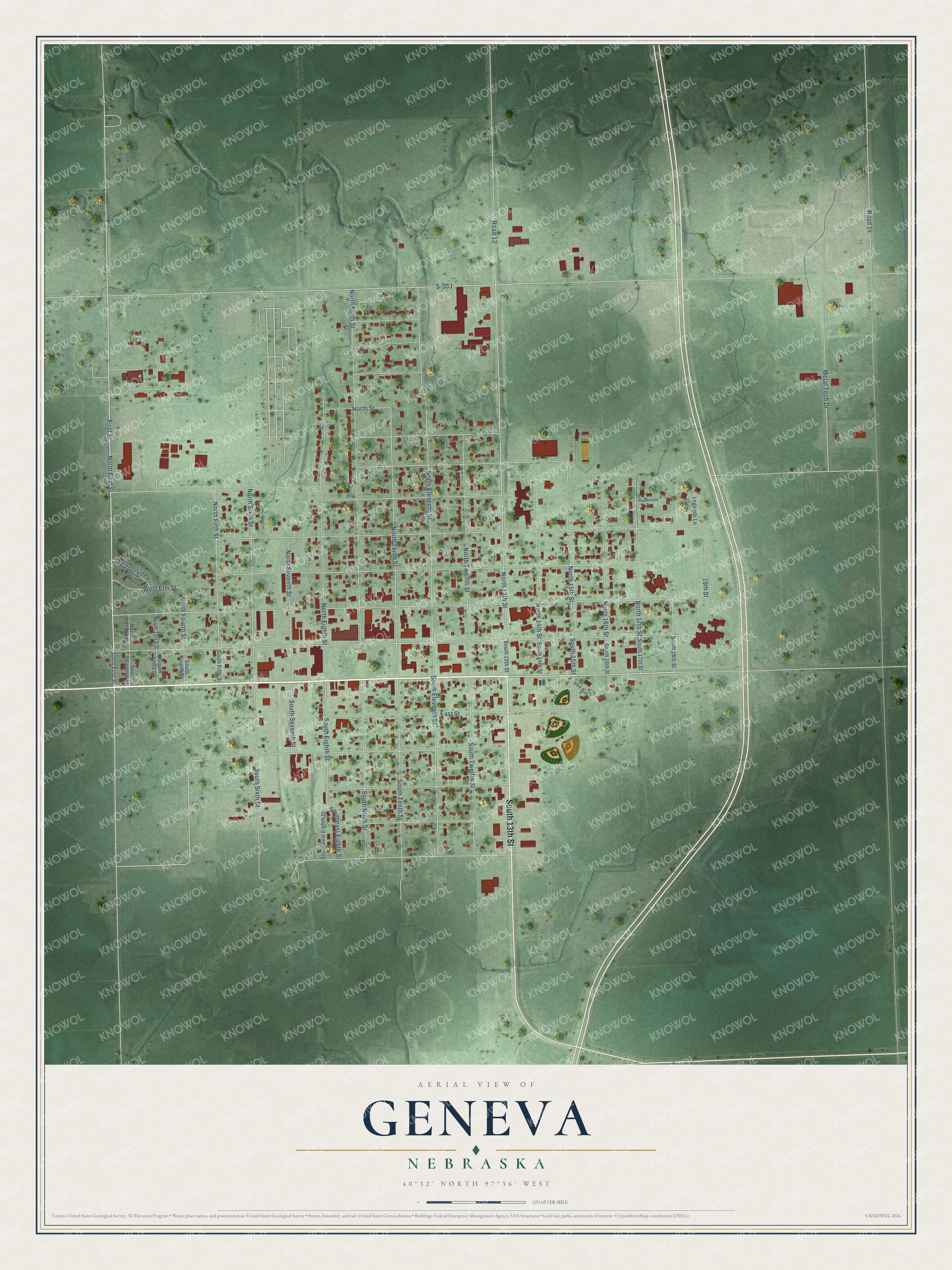 Full map of Geneva, Nebraska, with red buildings, printed street names and the land around them
