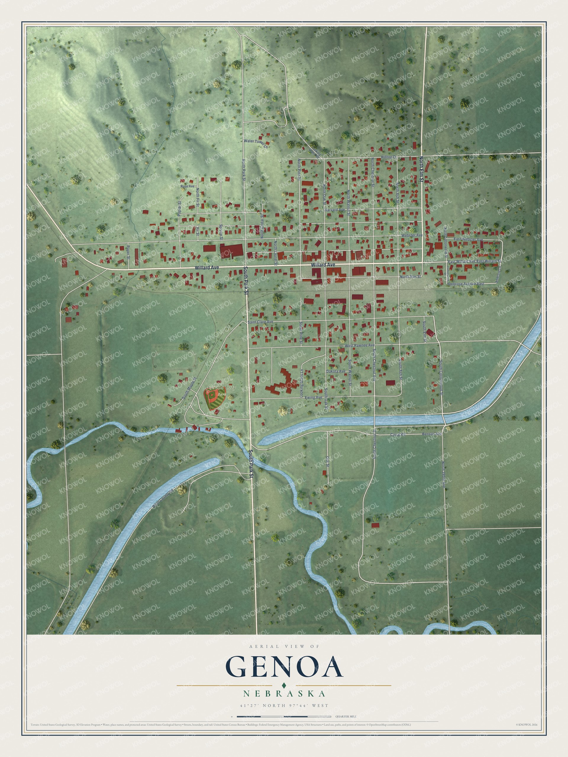 Full map of Genoa, Nebraska, with red buildings, printed street names and the land around them