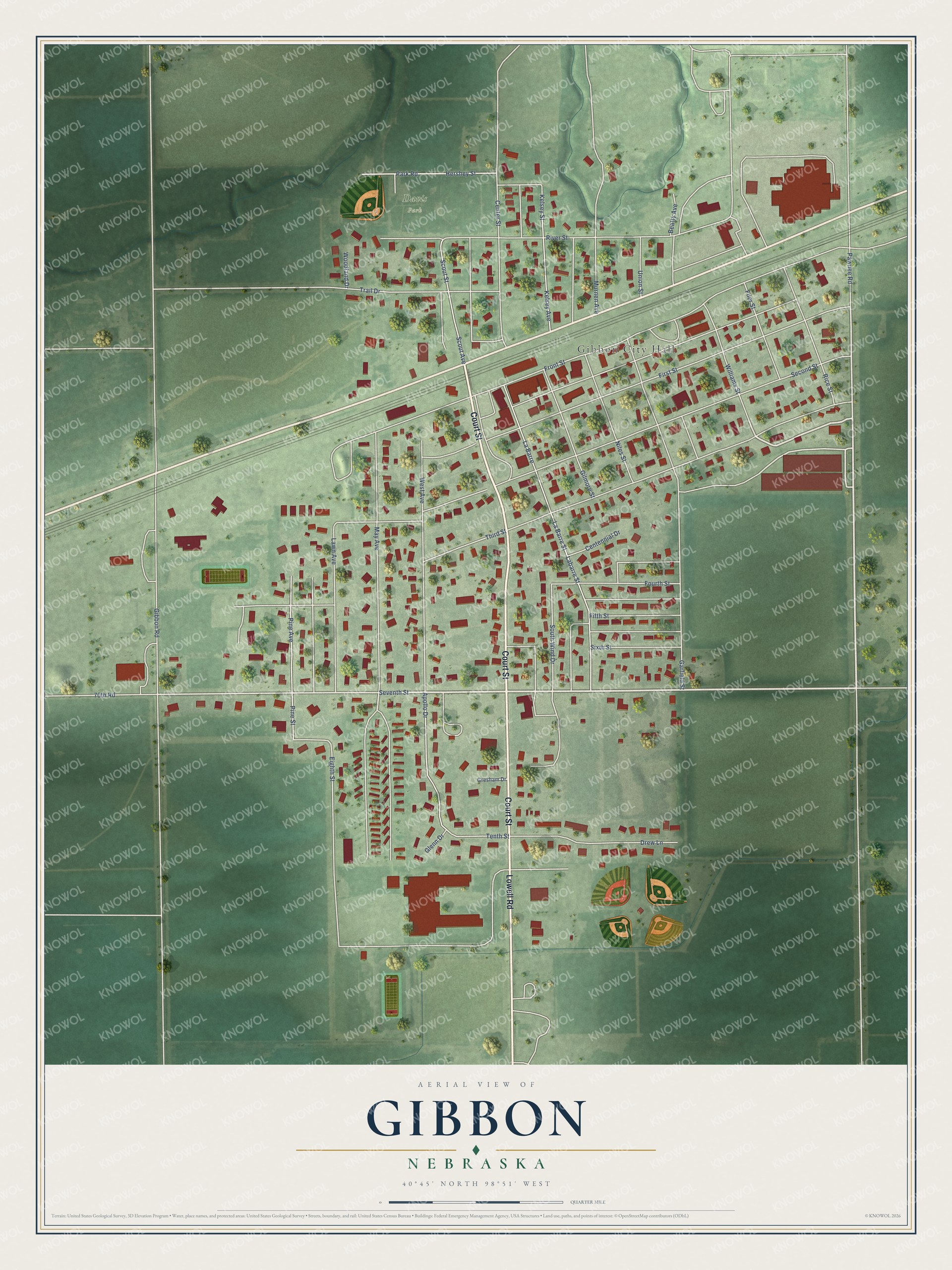Full map of Gibbon, Nebraska, with red buildings, printed street names and the land around them