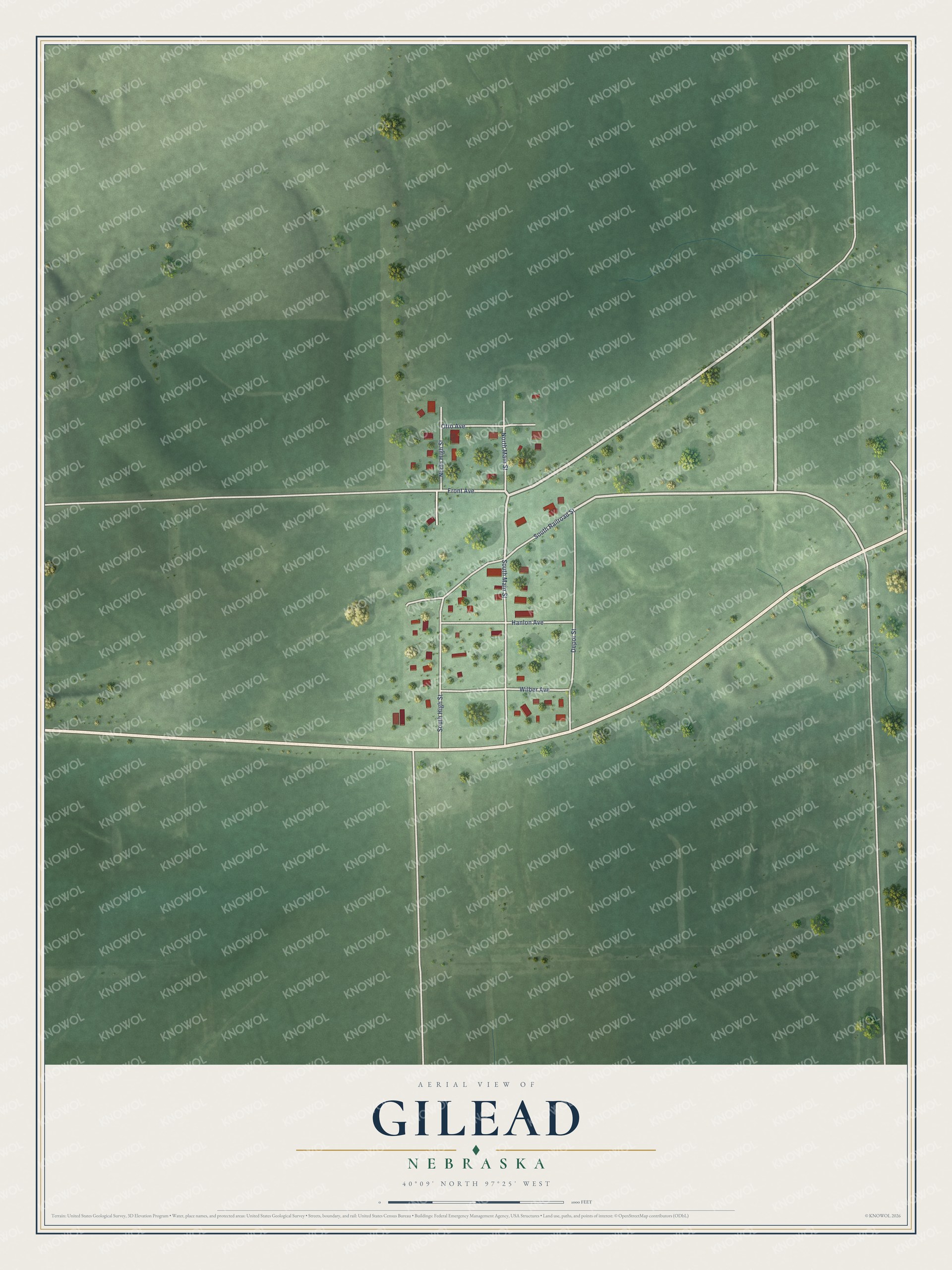 Full map of Gilead, Nebraska, with red buildings, printed street names and the land around them