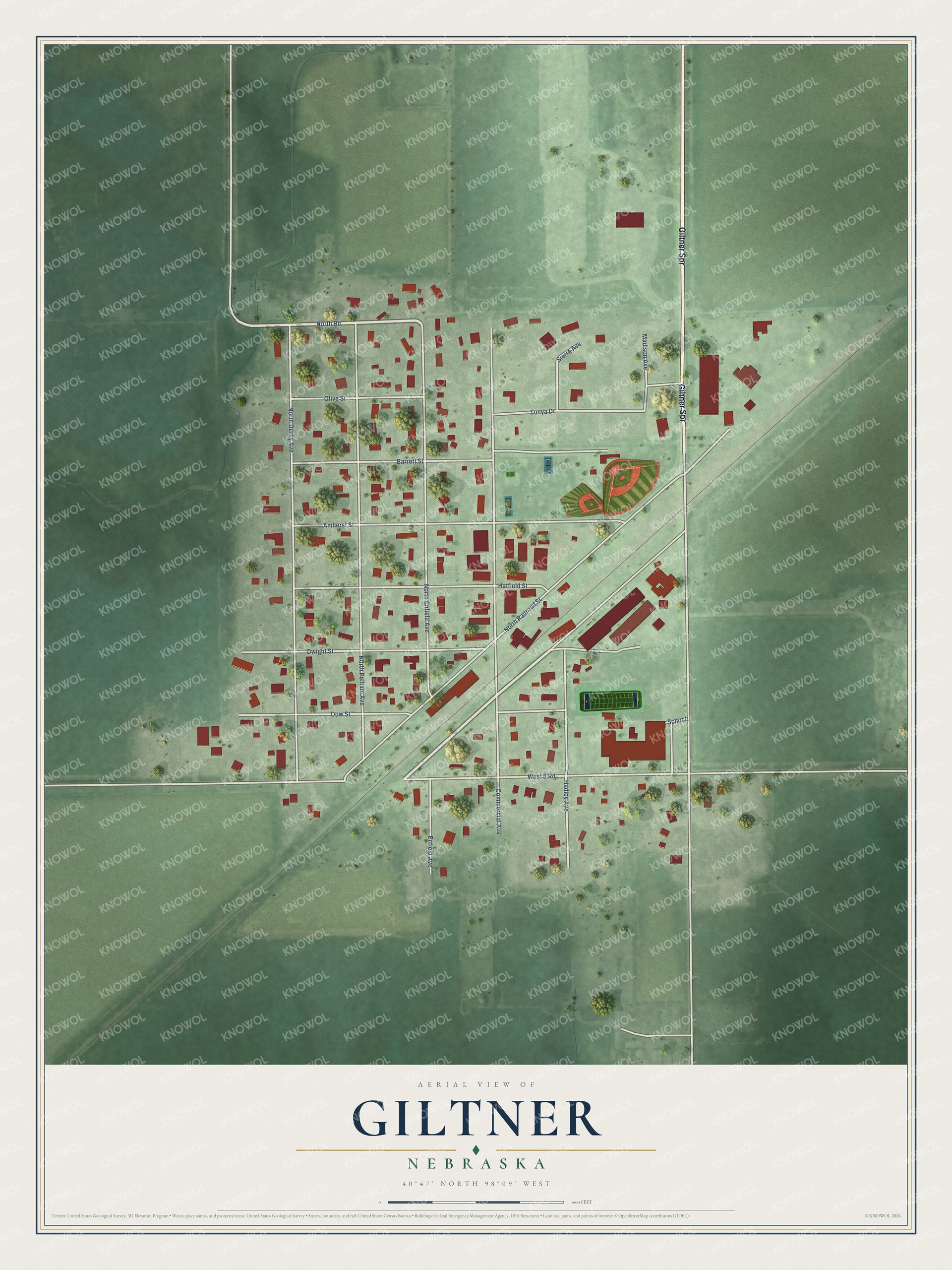 Full map of Giltner, Nebraska, with red buildings, printed street names and the land around them