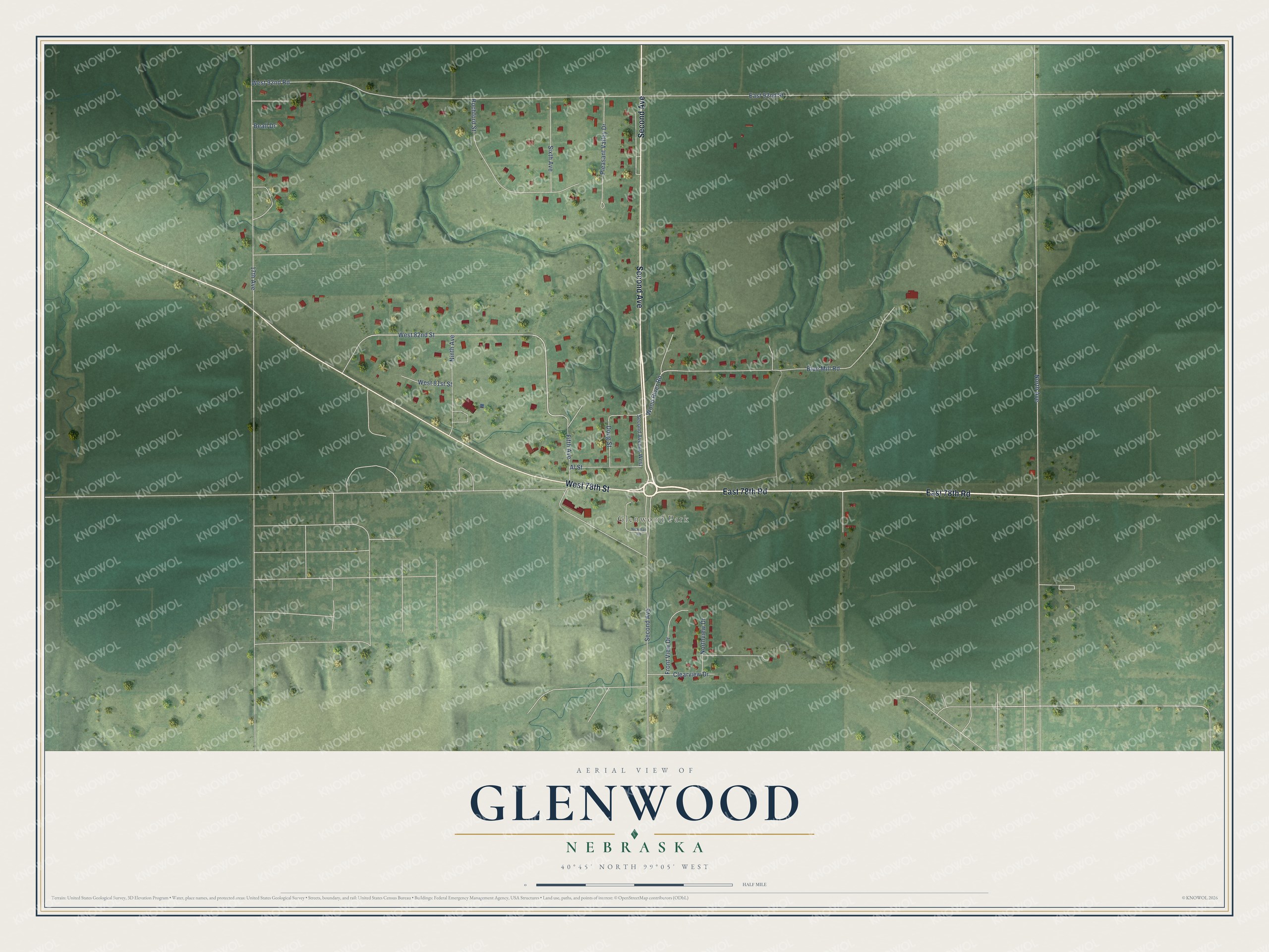 Full map of Glenwood, Nebraska, with red buildings, printed street names and the land around them