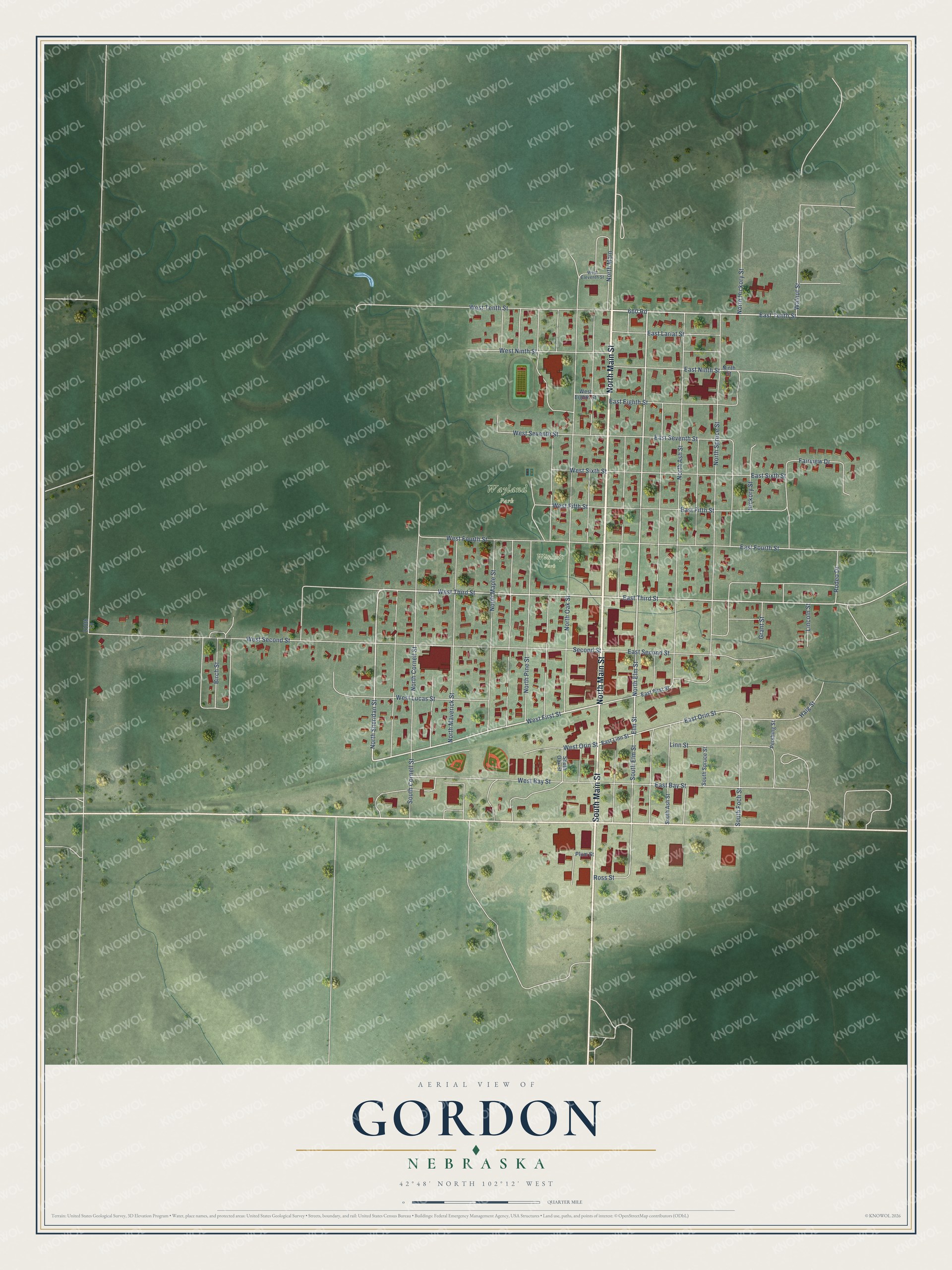 Full map of Gordon, Nebraska, with red buildings, printed street names and the land around them