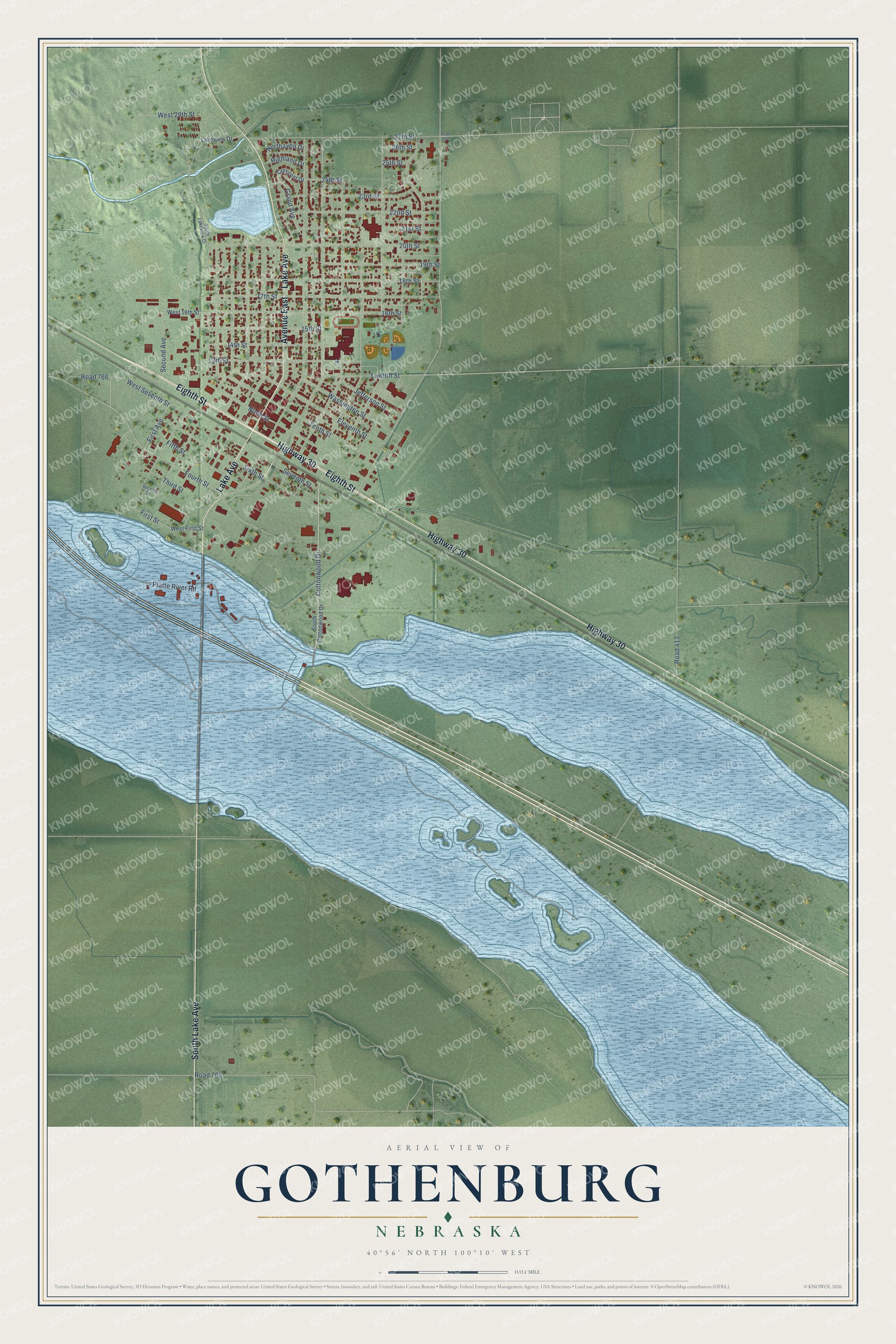 Full map of Gothenburg, Nebraska, with red buildings, printed street names and the land around them