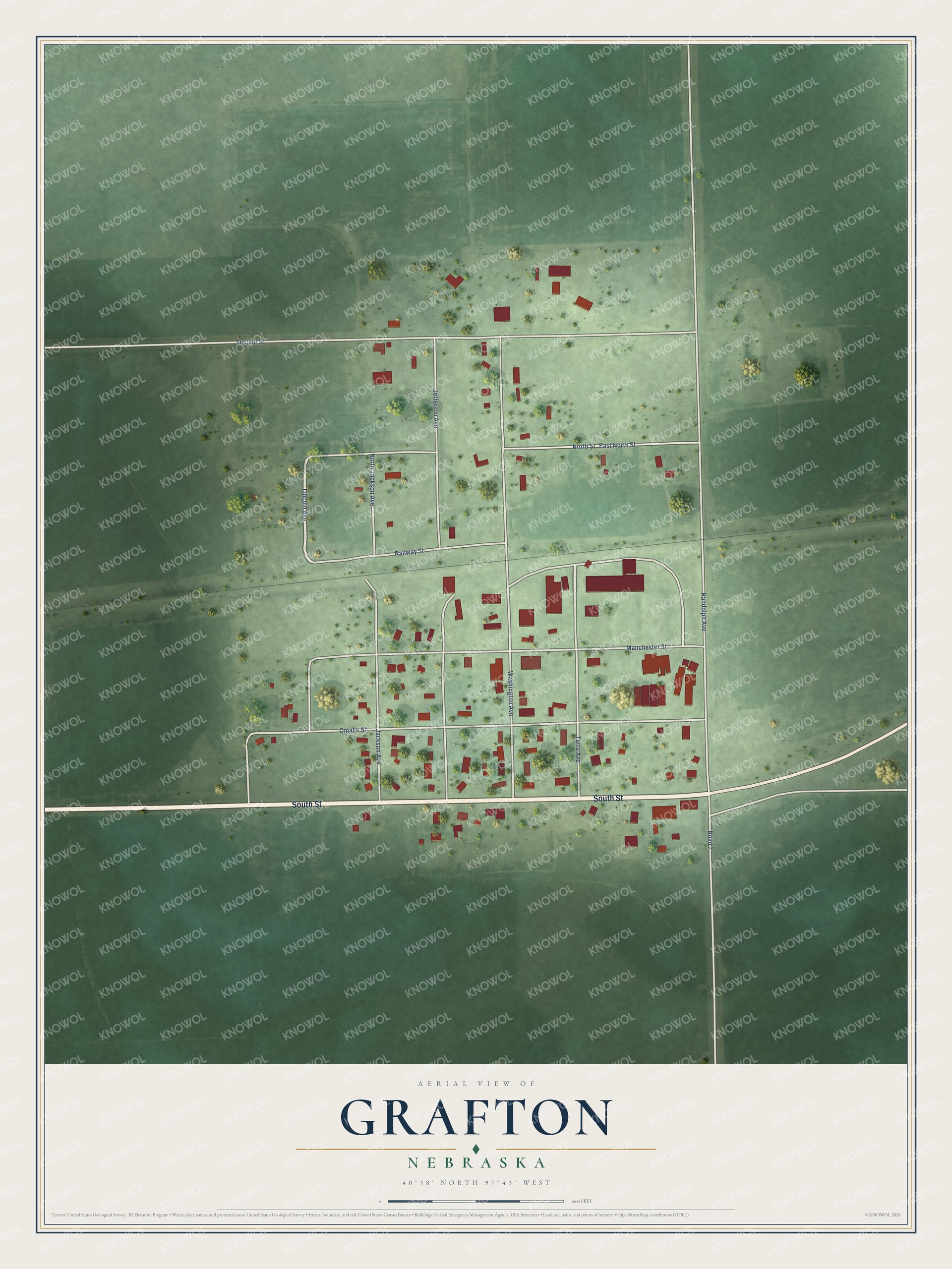 Full map of Grafton, Nebraska, with red buildings, printed street names and the land around them