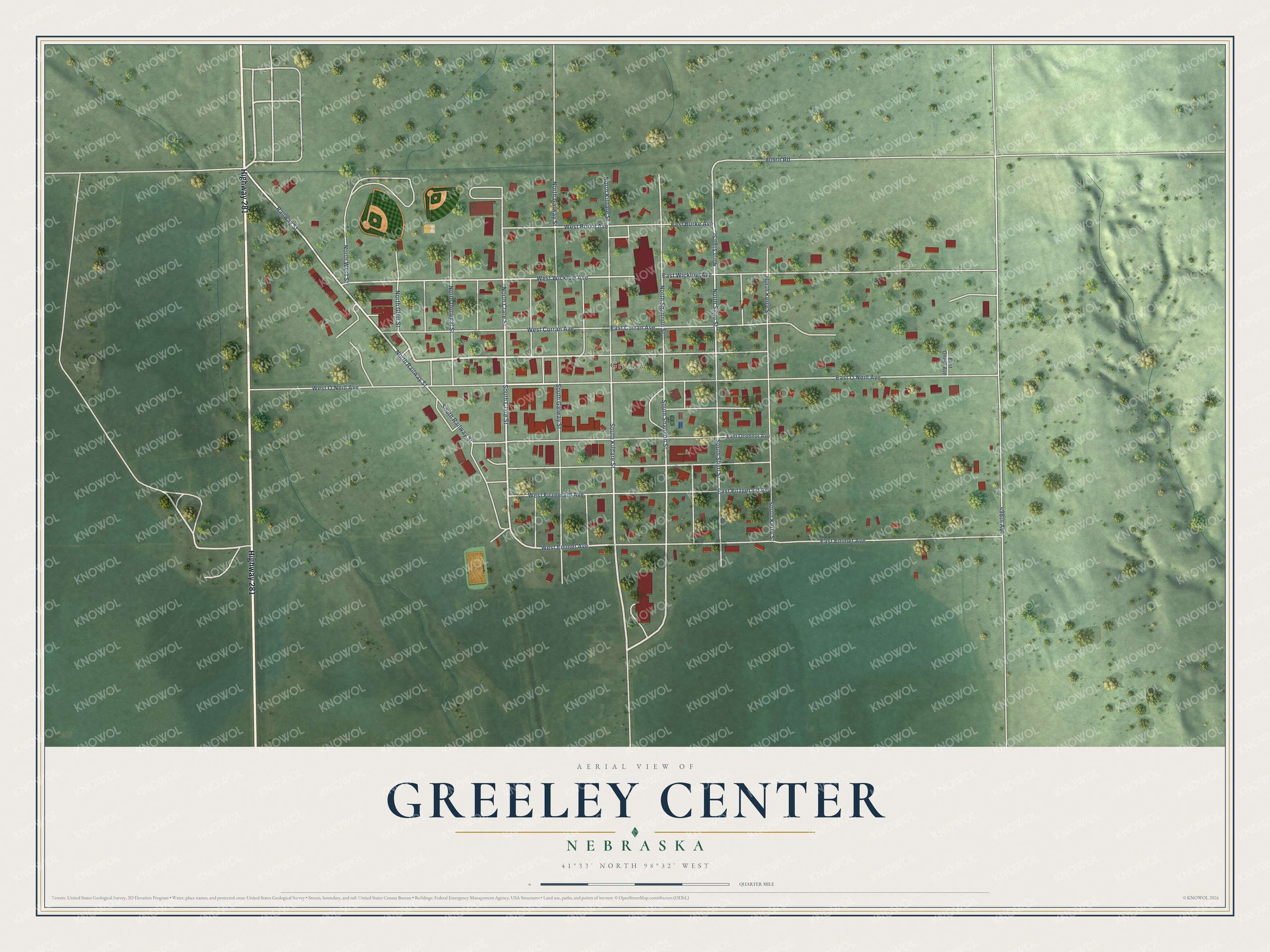 Full map of Greeley Center, Nebraska, with red buildings, printed street names and the land around them