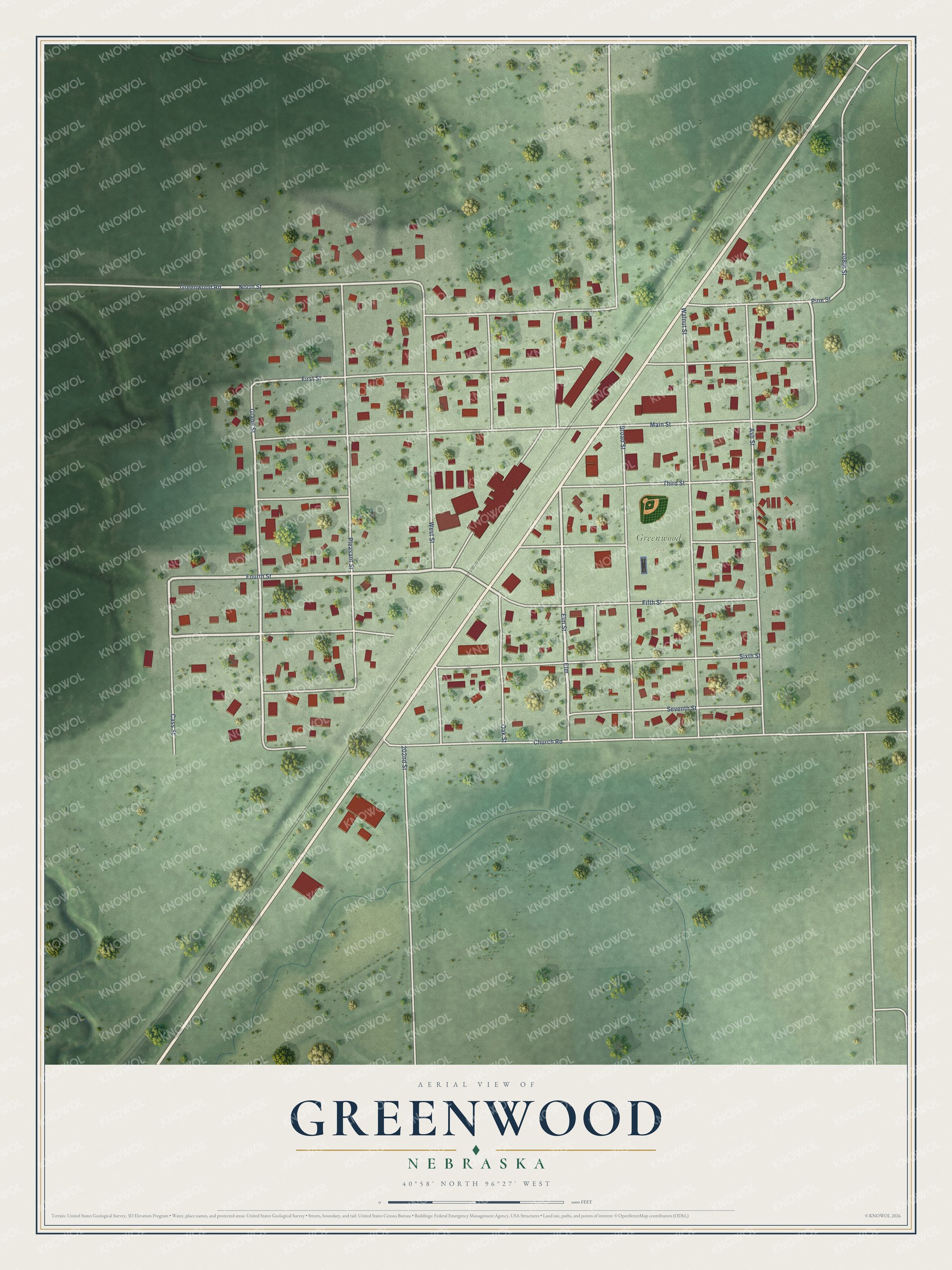 Full map of Greenwood, Nebraska, with red buildings, printed street names and the land around them