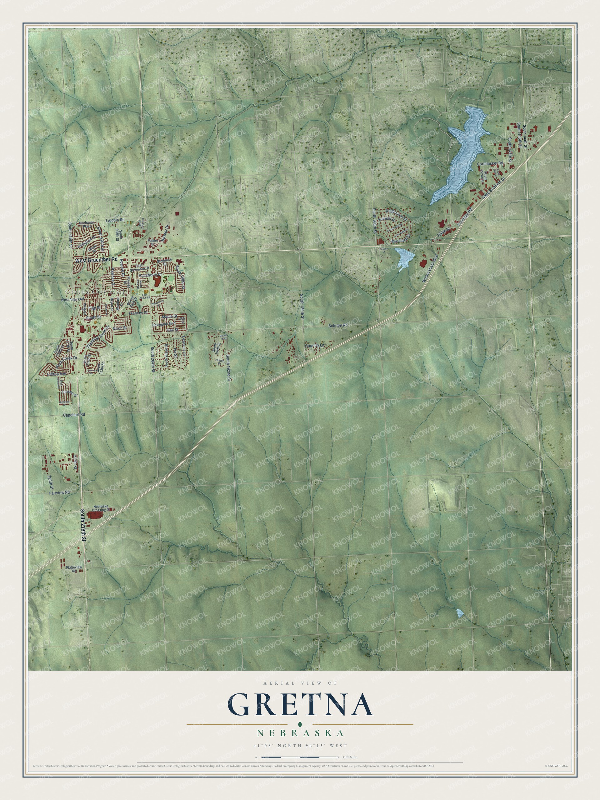 Full map of Gretna, Nebraska, with red buildings, printed street names and the land around them