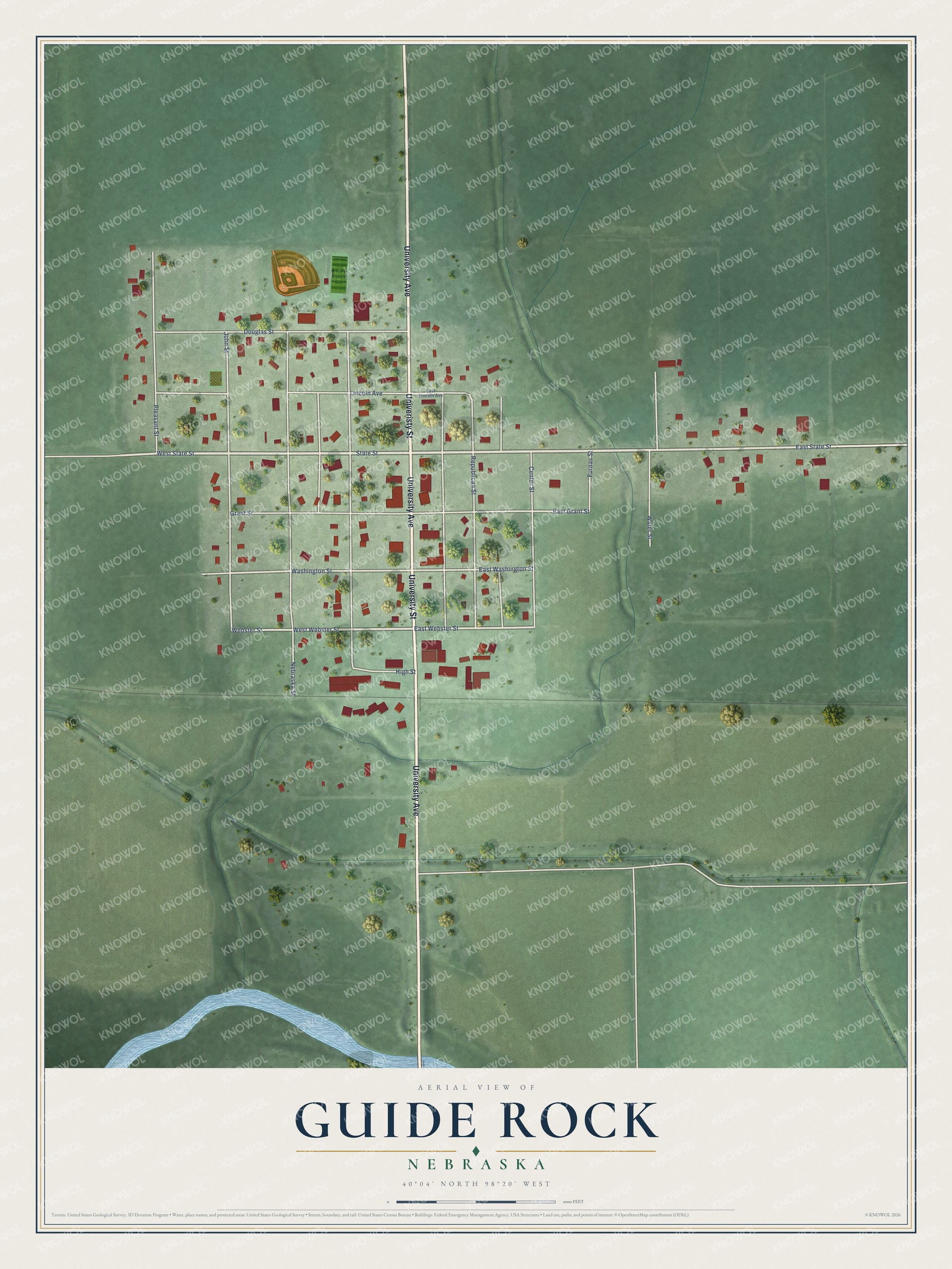 Full map of Guide Rock, Nebraska, with red buildings, printed street names and the land around them