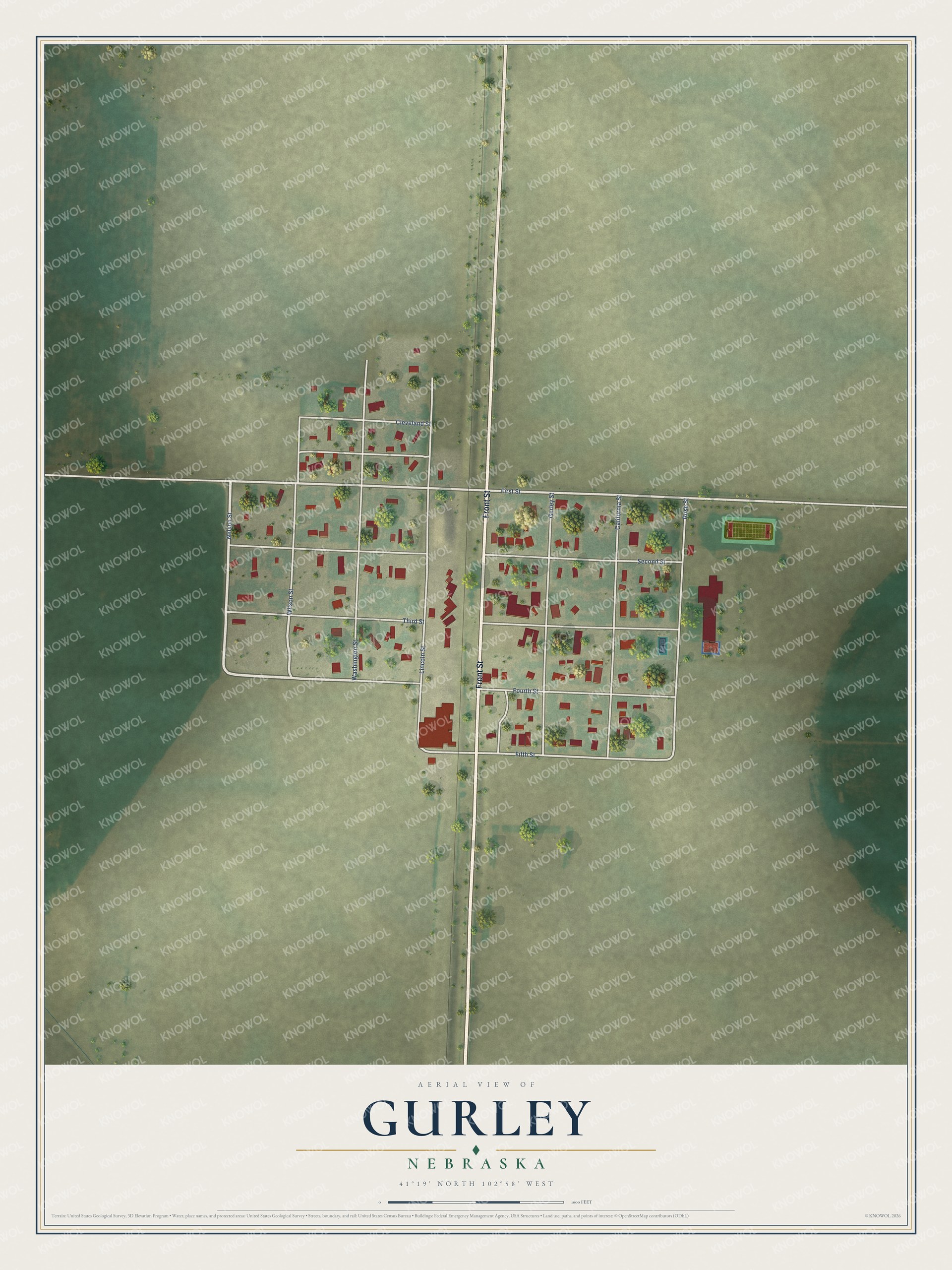 Full map of Gurley, Nebraska, with red buildings, printed street names and the land around them